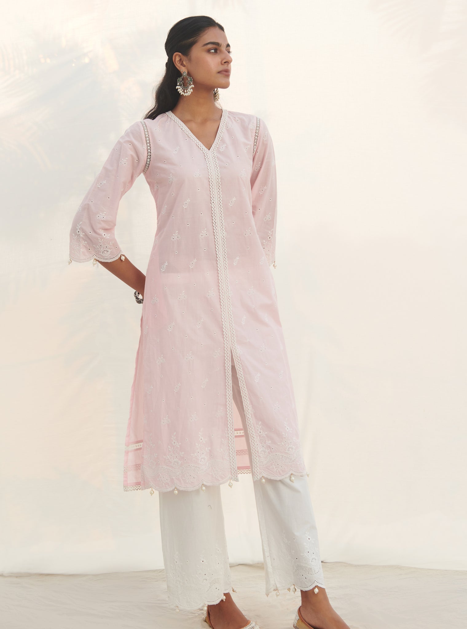 Mulmul Cotton Revora Pink Kurta With Mulmul Cotton Revora White Pant