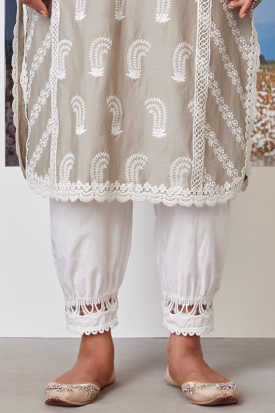 Mulmul Cotton Rhinestone Grey Kurta With New Harem White Pyajama
