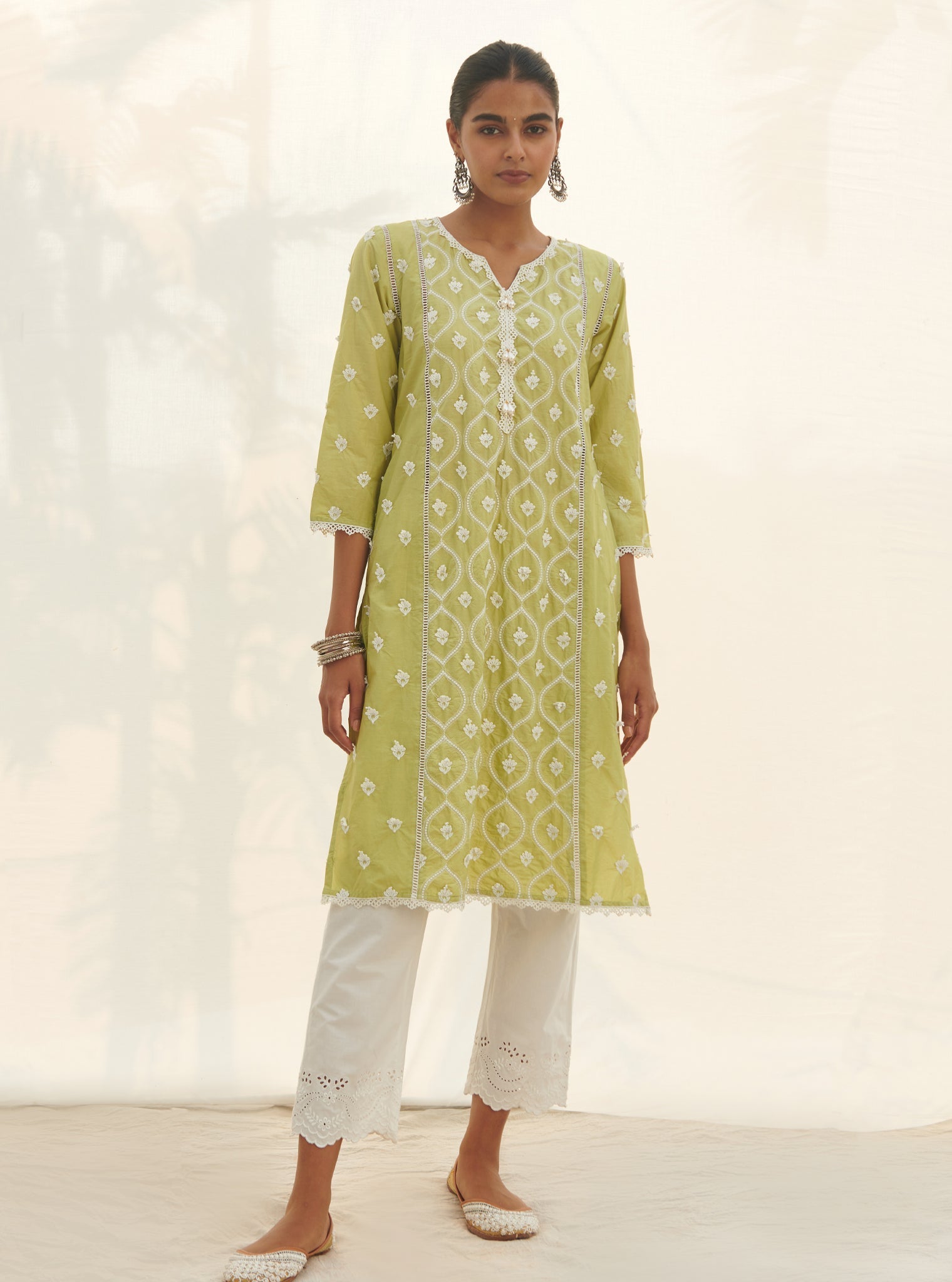 Mulmul Cotton Rivona Lime Kurta With Mulmul Cotton Satari White Pant