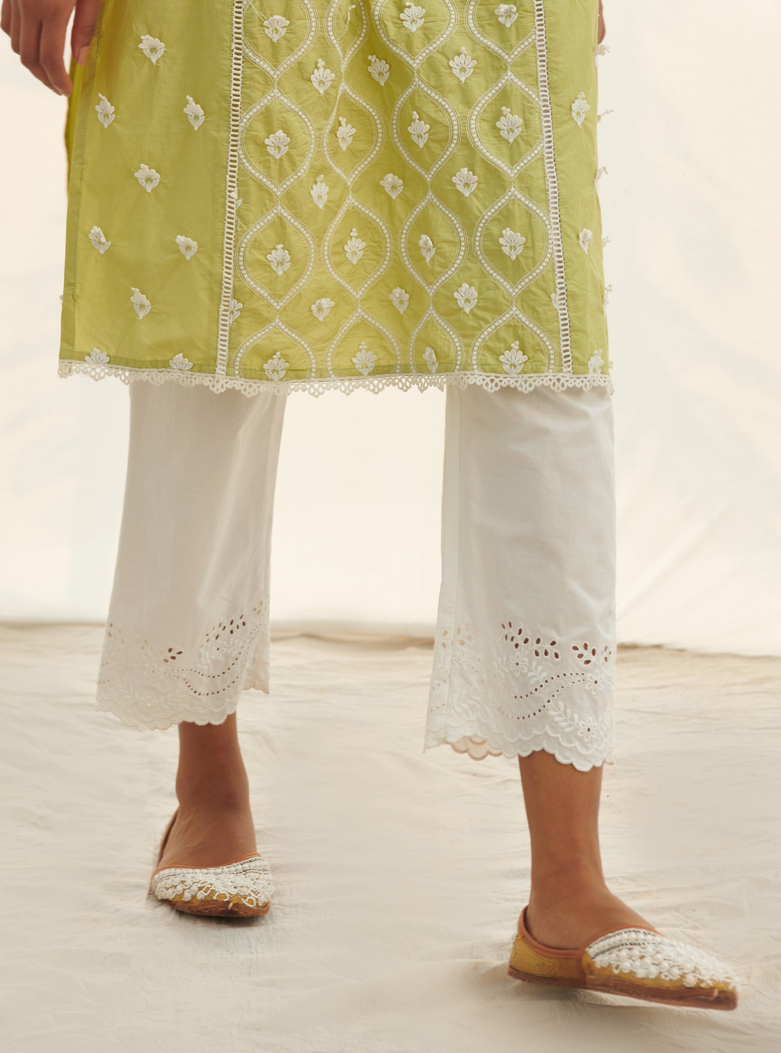 Mulmul Cotton Rivona Lime Kurta With Mulmul Cotton Satari White Pant