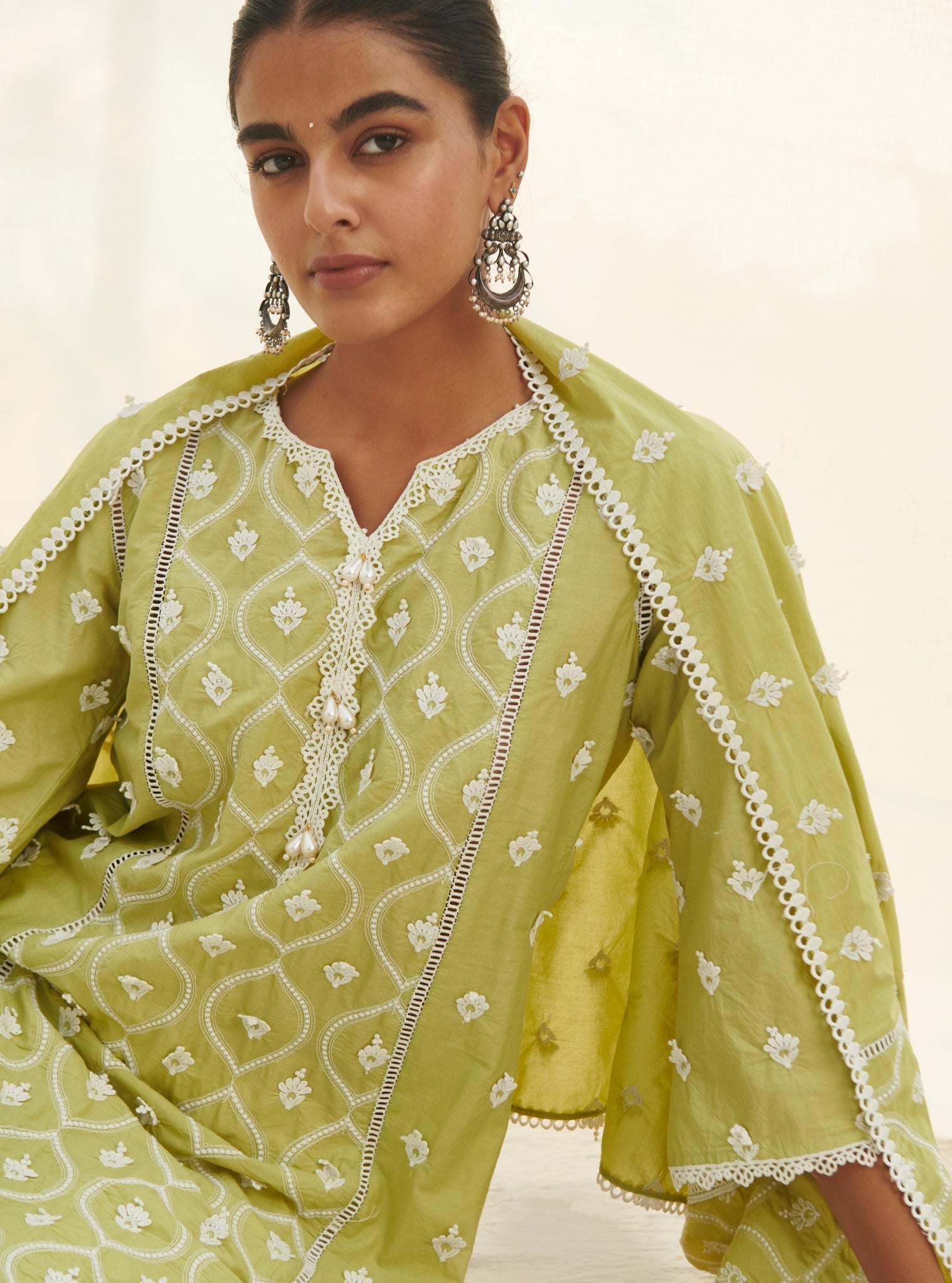 Mulmul Cotton Rivona Lime Kurta With Mulmul Cotton Satari White Pant