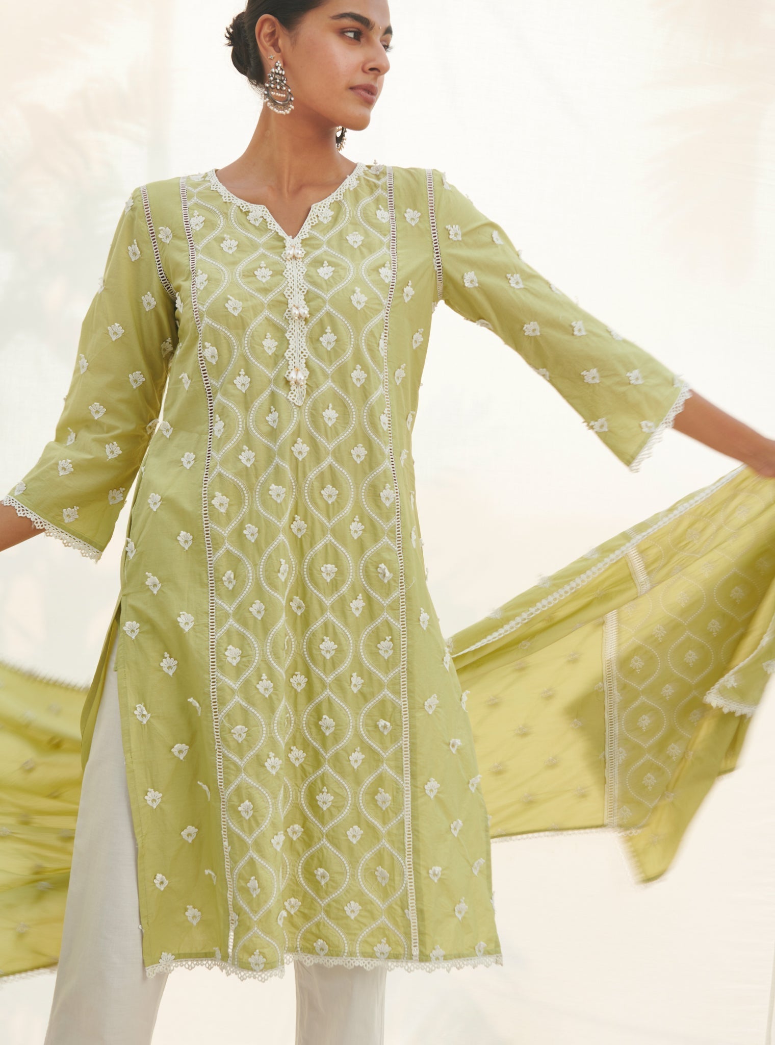 Mulmul Cotton Rivona Lime Kurta With Mulmul Cotton Satari White Pant