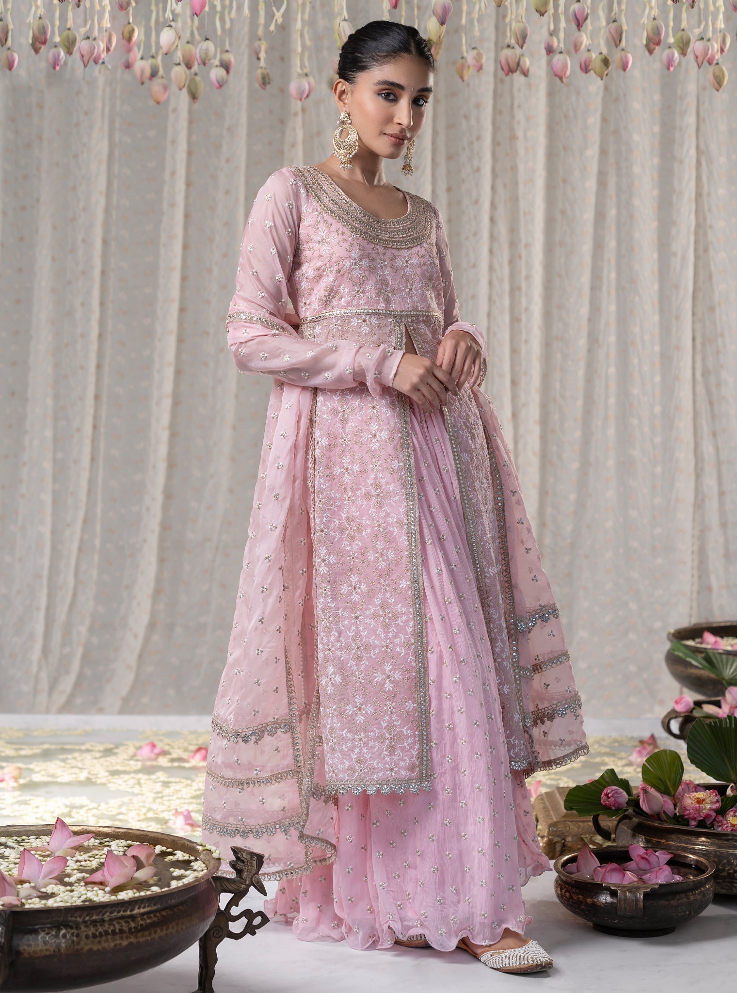 Mulmul Organza Sajda Pink Kurta With Mulmul Chiffon Sajda Pink Skirt