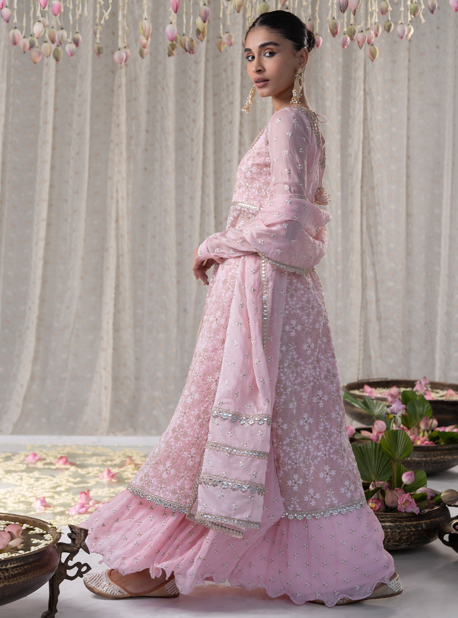 Mulmul Organza Sajda Pink Kurta With Mulmul Chiffon Sajda Pink Skirt