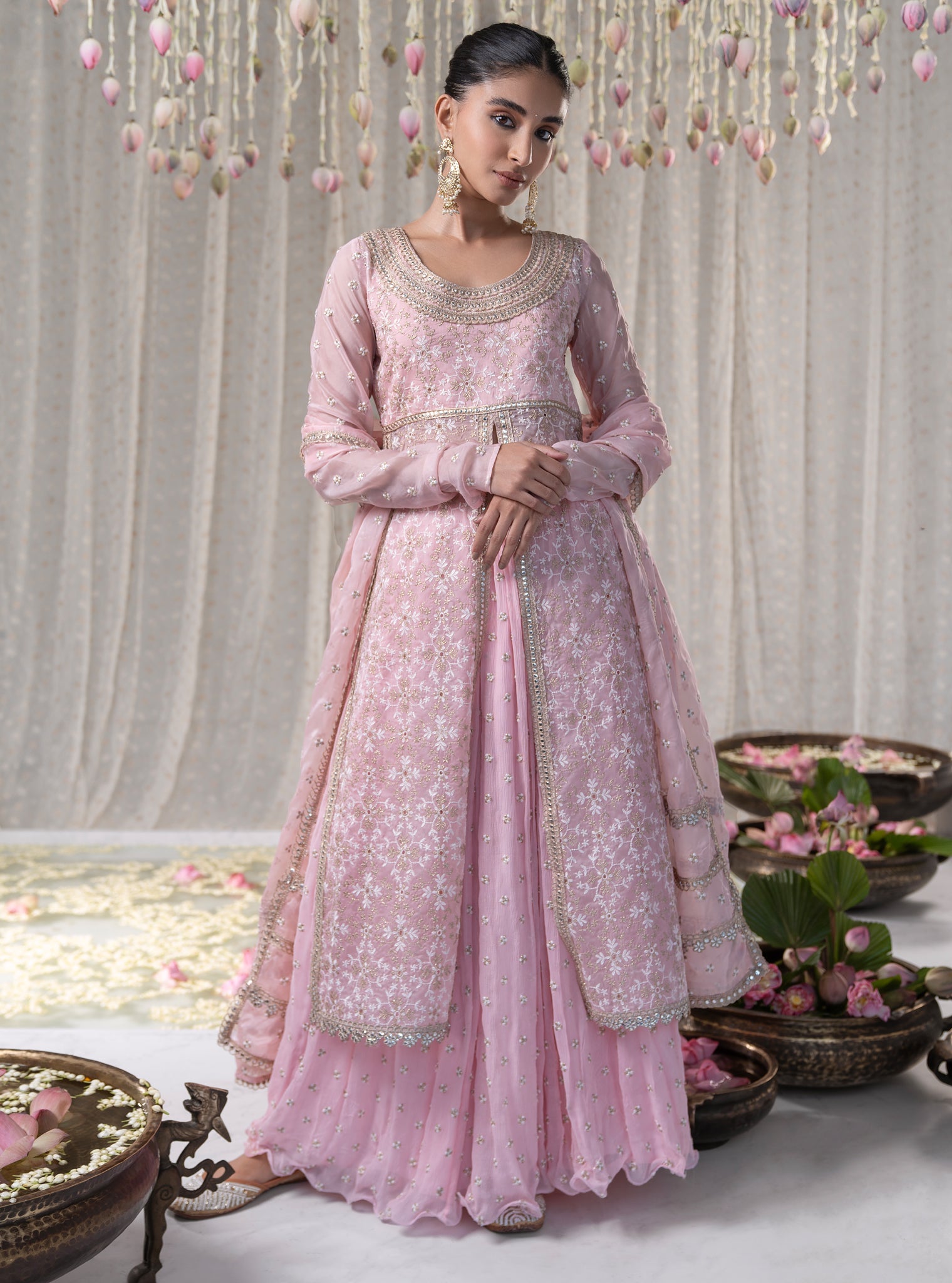 Mulmul Organza Sajda Pink Kurta With Mulmul Chiffon Sajda Pink Skirt