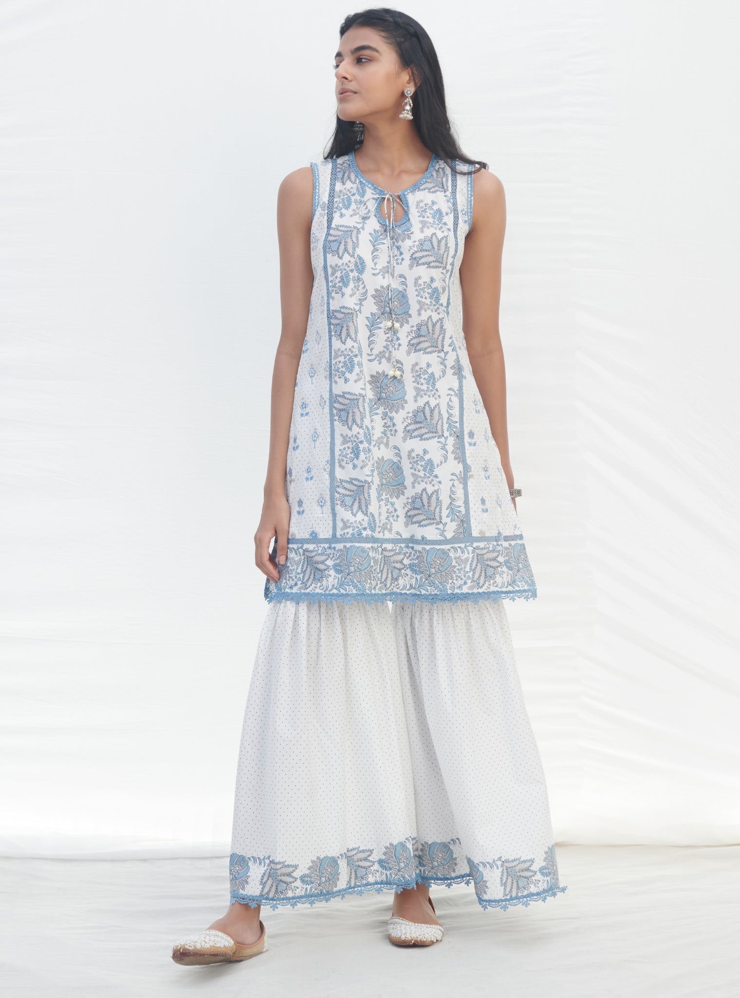 Mulmul Cotton Sakura Blue Kurta With Mulmul Cotton Sakura Blue Pant