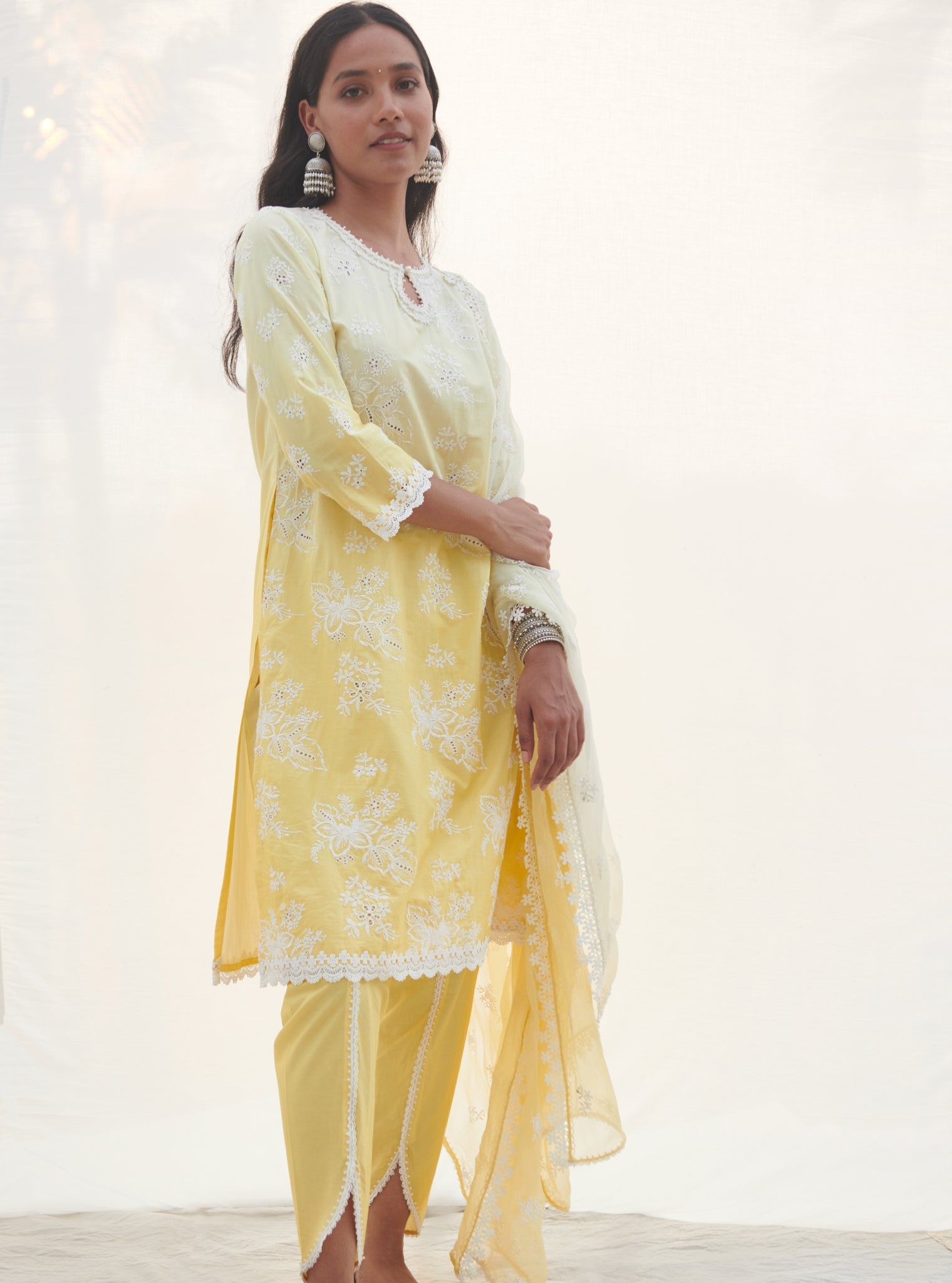 Mulmul Cotton Savri Yellow Kurta With Savri Yellow Dhoti Pant