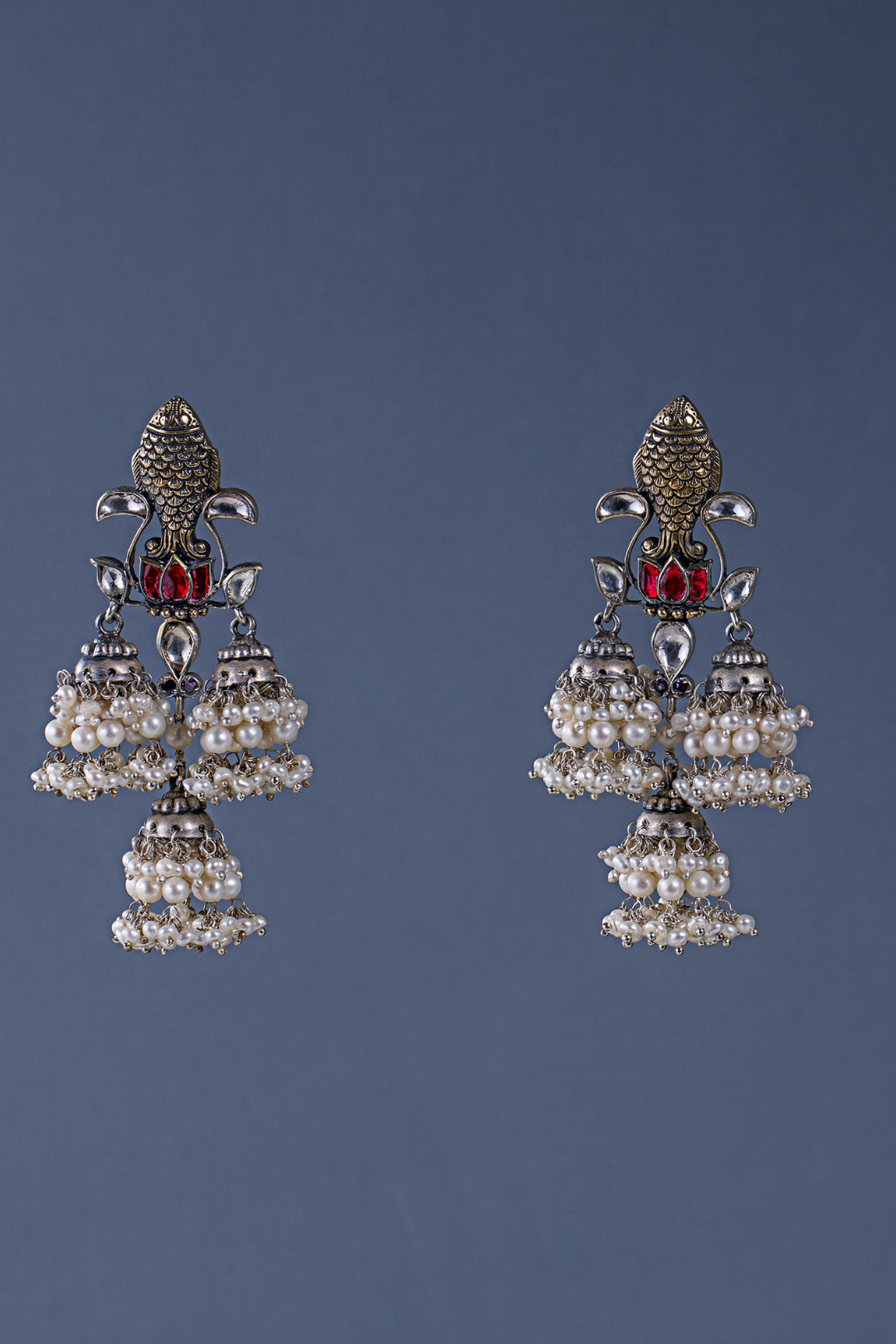 Pure Silver Fish Lotus Jhumkas
