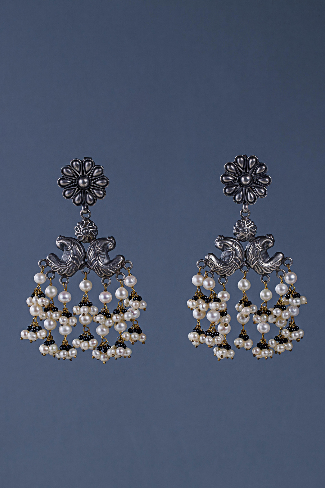 Pure Silver Floral Peacock Black Tourmaline Earrings