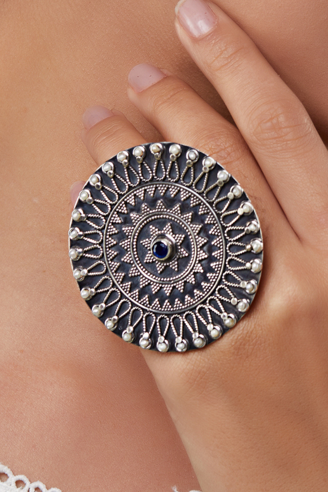 Pure Silver Mandala Black Tourmaline Ring