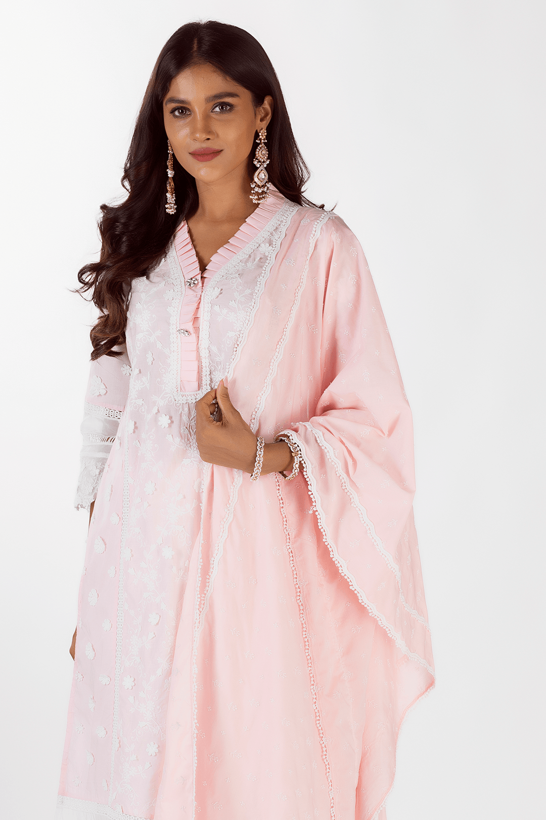 Mulmul Cotton Sadie Pink Kurta With Floral Organza White Pyajama