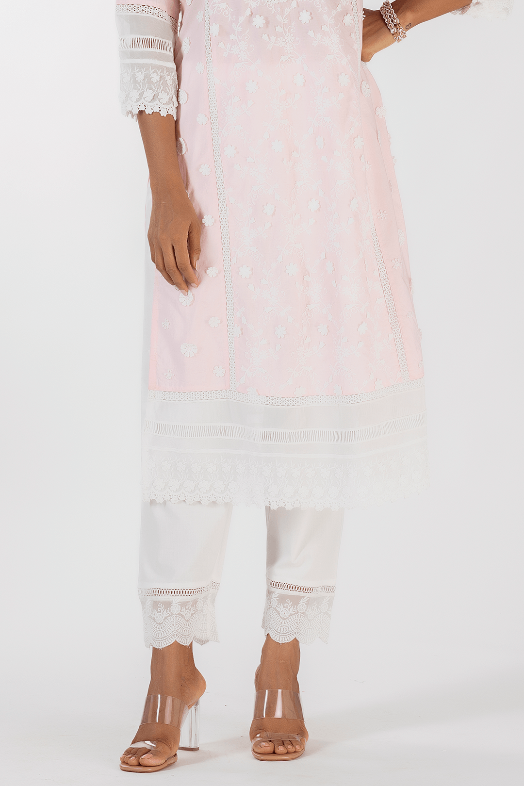 Mulmul Cotton Sadie Pink Kurta With Floral Organza White Pyajama