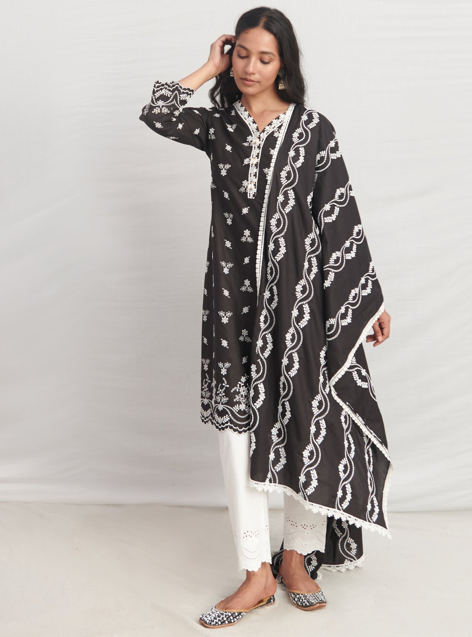 Mulmul Cotton Satari Black kurta