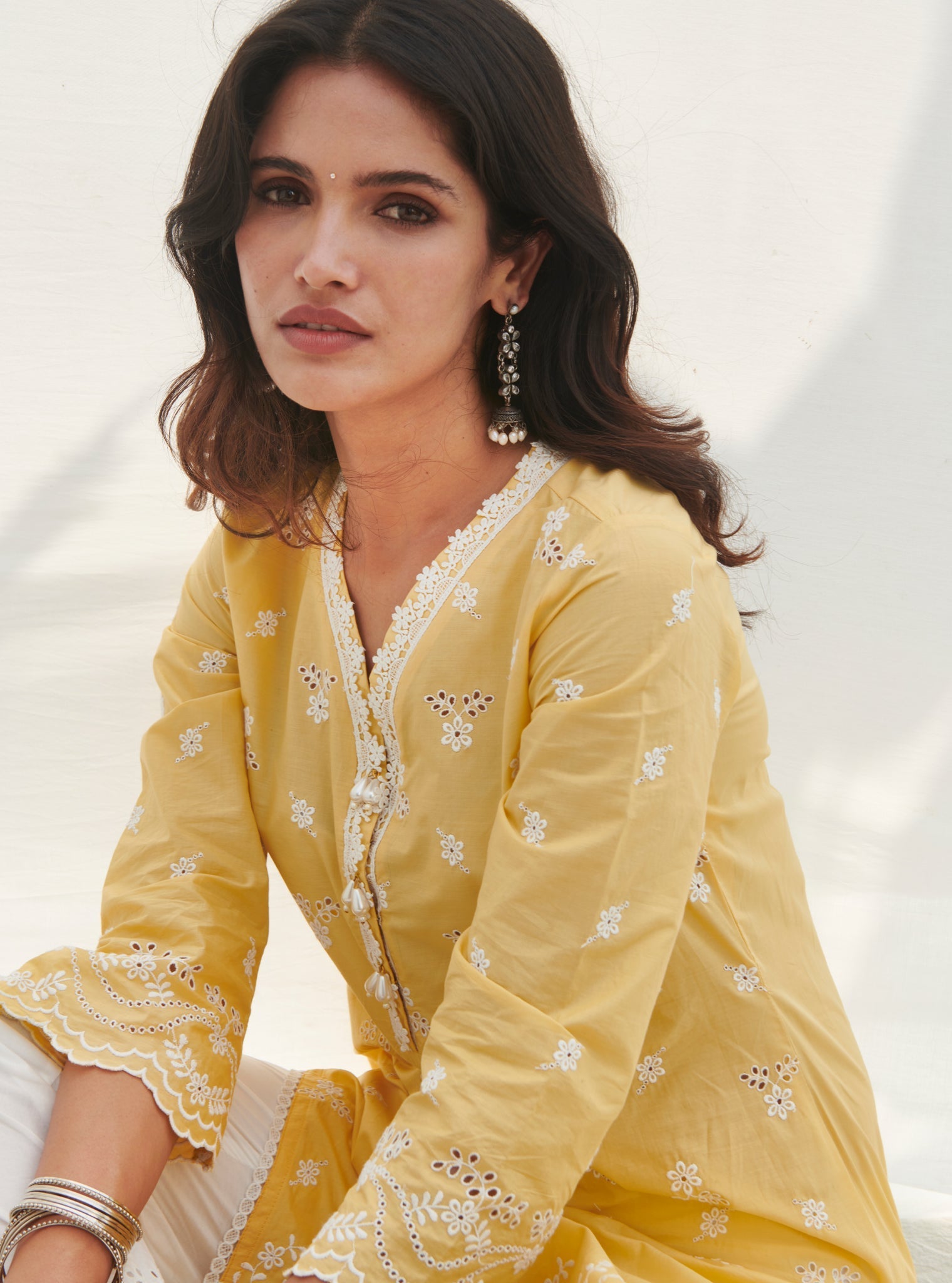 Mulmul Cotton Satari Yellow Kurta With Mulmul Cotton Satari White Pant