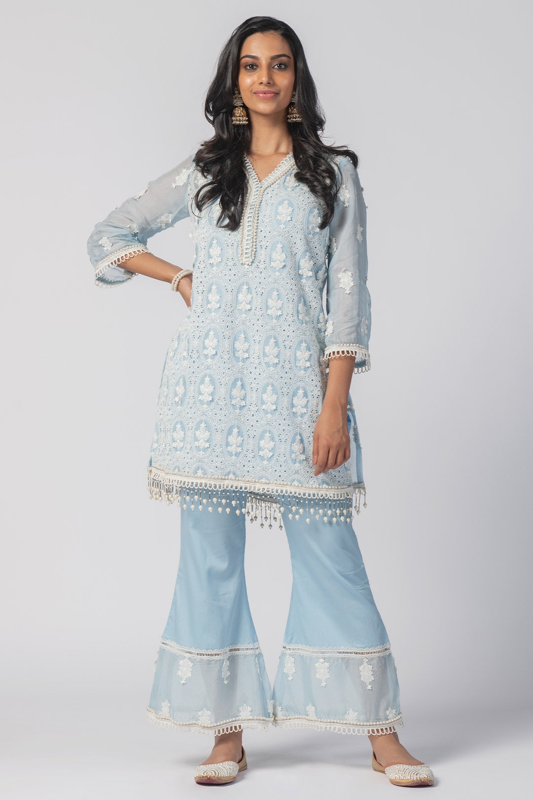 Mulmul Tencel Luxe Organza Savannah Kurta Blue With Supima Cotton Savannah Pant