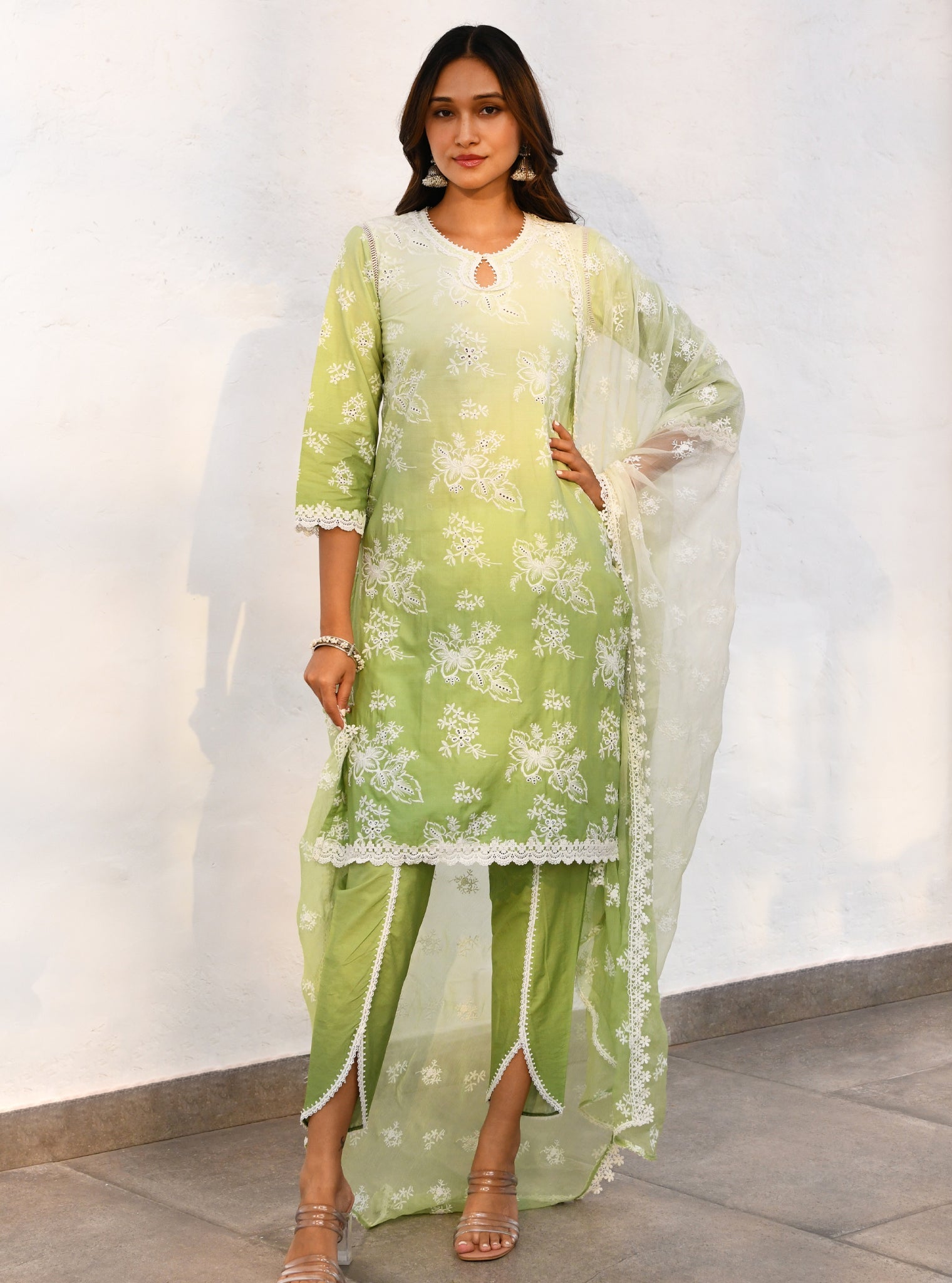 Mulmul Cotton Savri Green Kurta With Mulmul Cotton Savri Green Dhoti Pant