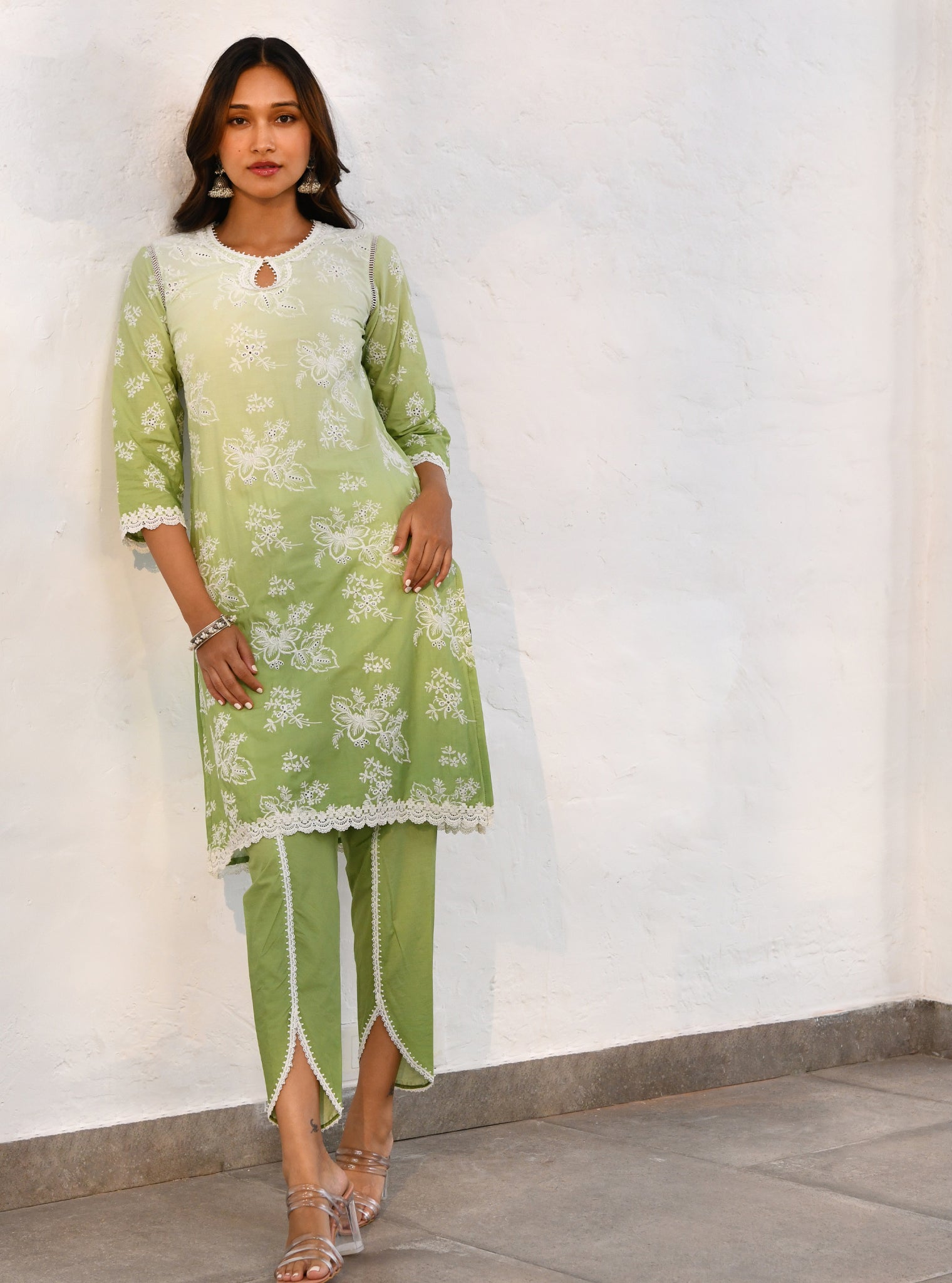 Mulmul Cotton Savri Green Kurta With Mulmul Cotton Savri Green Dhoti Pant