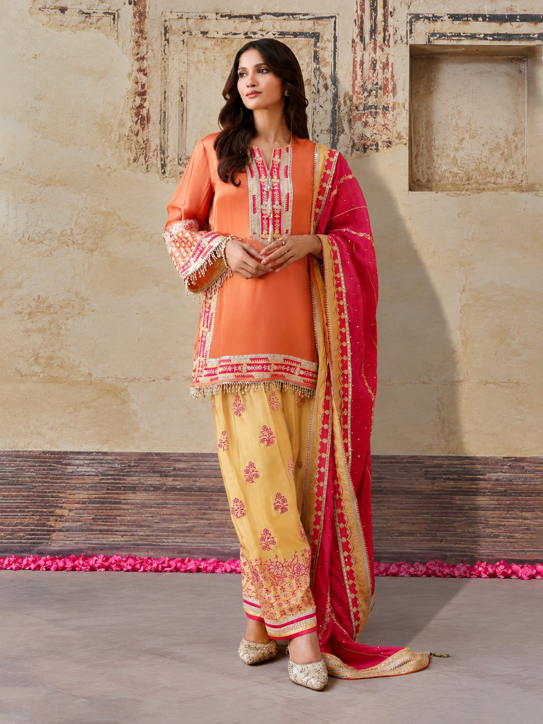 Shvi Cupro Satin Orange Kurta With Farshi Salwar