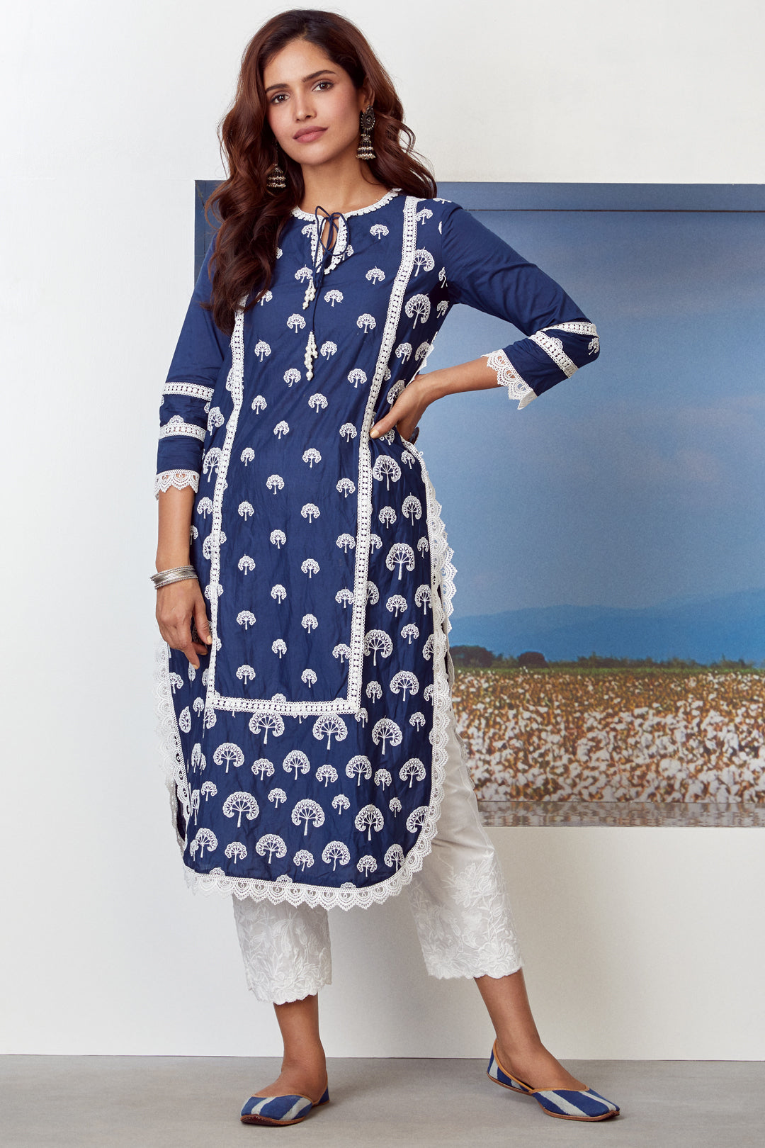 Mulmul Snowdrop Navy Kurta