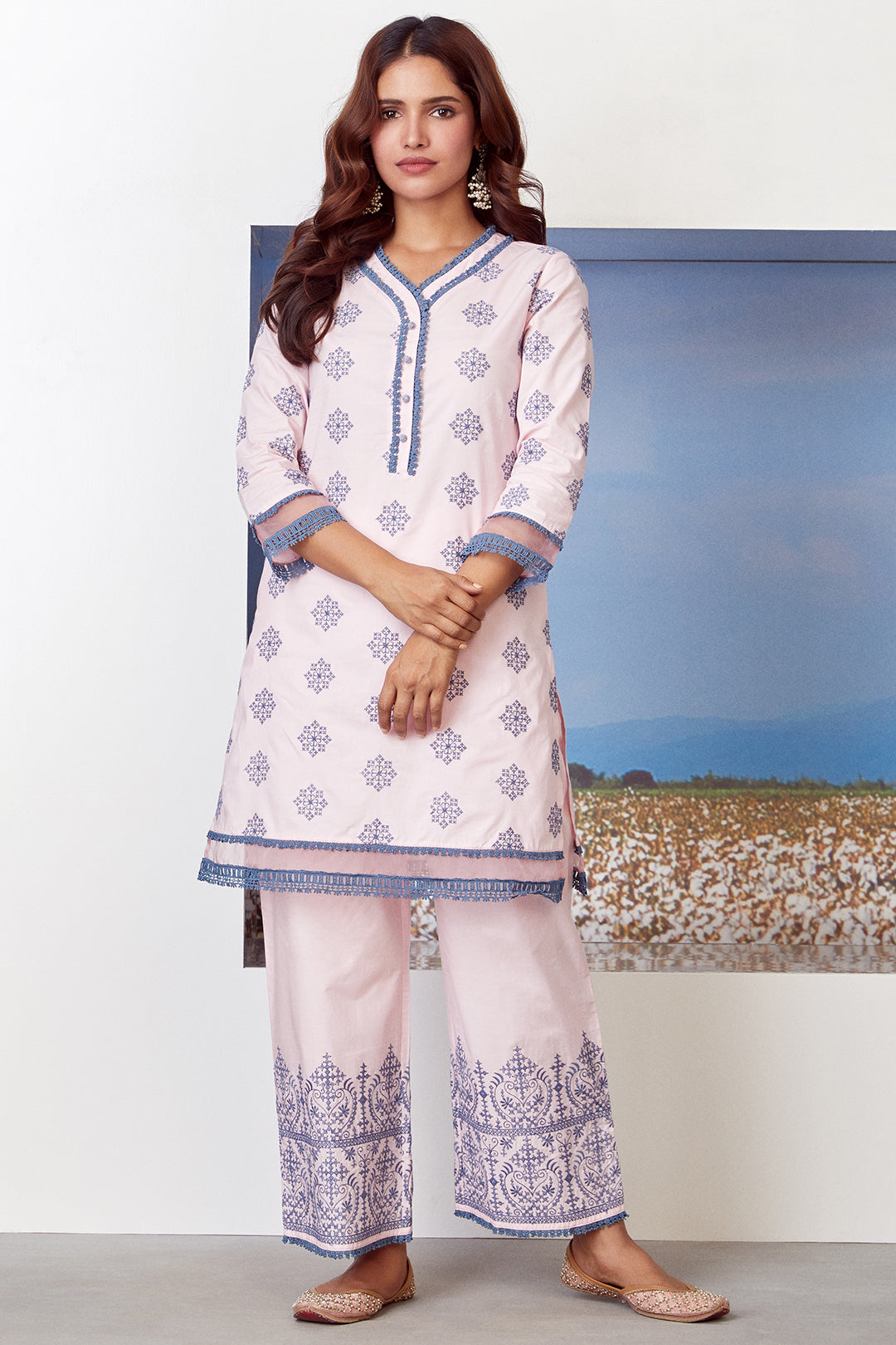 Mulmul Cotton Snow Flake Kurta With Snow Flake Palazzo