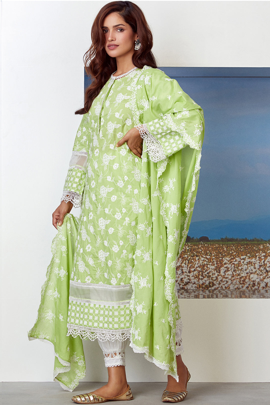 Mulmul Cotton Sonet Lime Green Kurta With New Harem White Pyajama