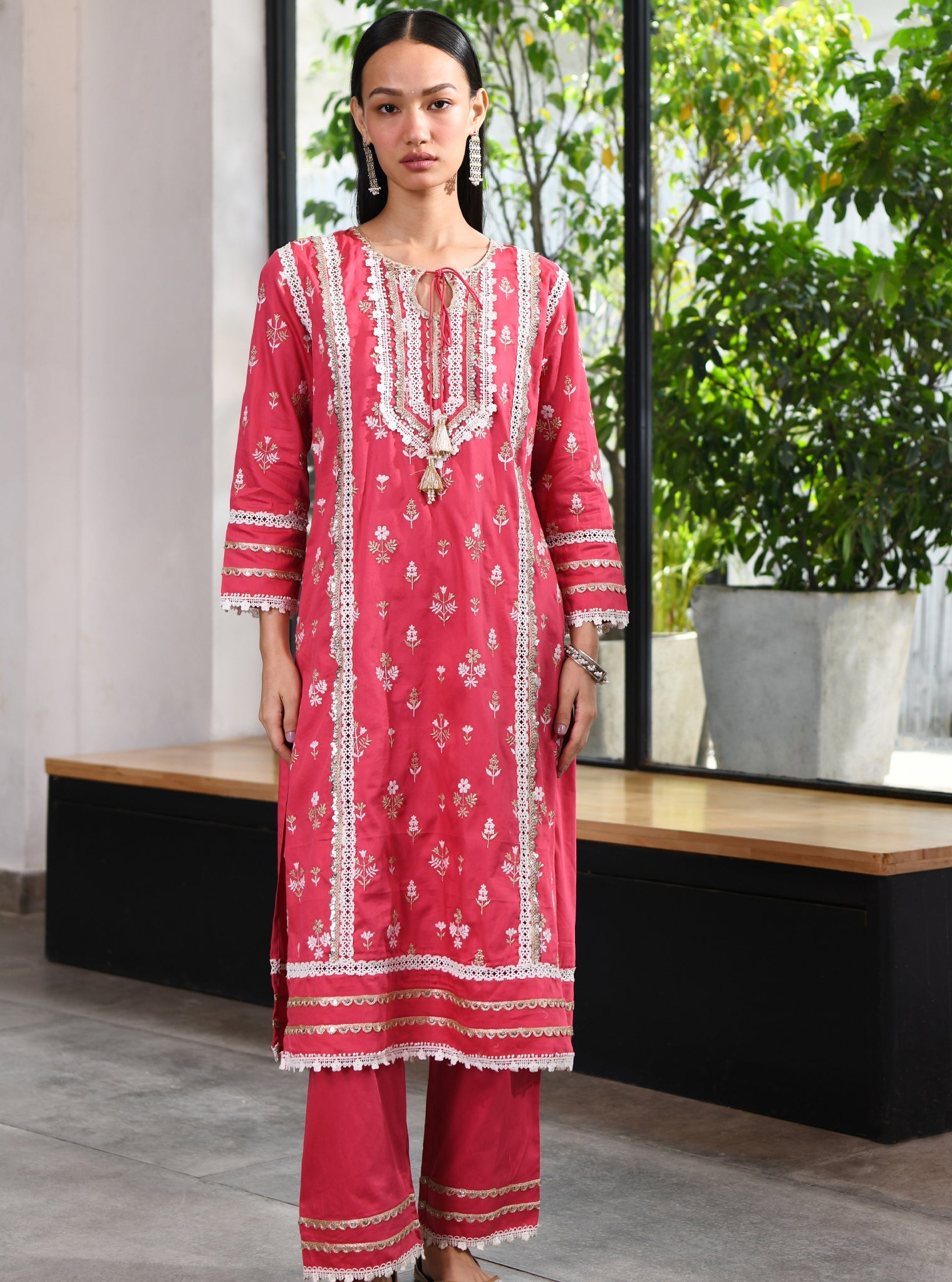 Mulmul Pima Sorrel Fuchsia Kurta With Sorrel Fuchsia Pant