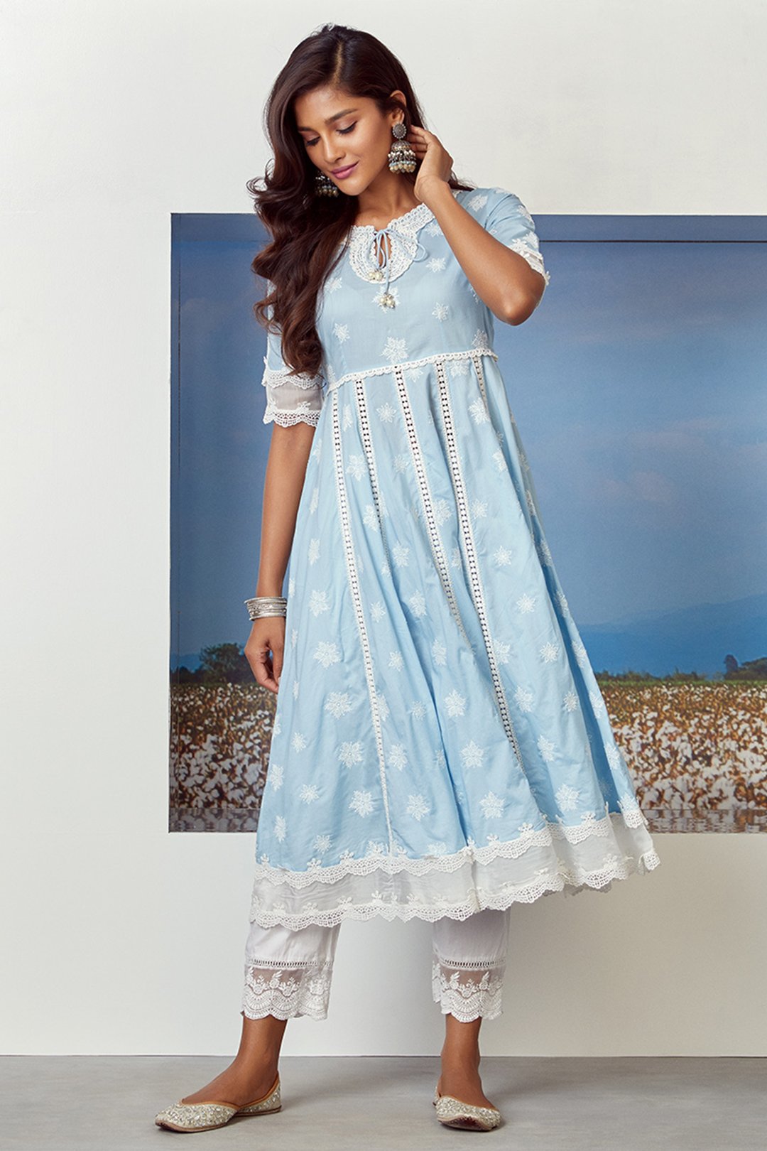 Mulmul Cotton Star Gaze Light Blue Kurta With Floral Organza White Pyajama