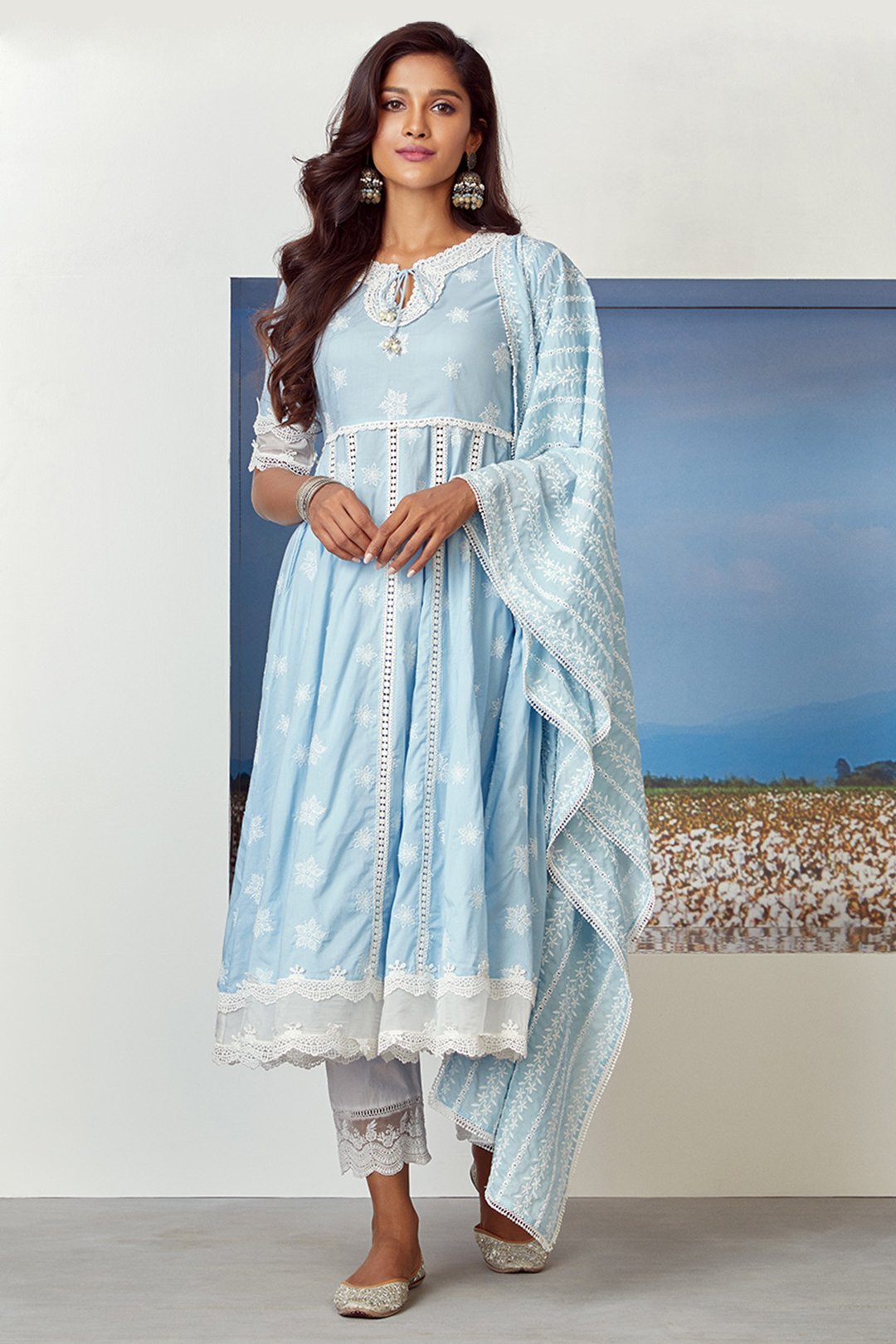 Mulmul Cotton Star Gaze Light Blue Kurta With Floral Organza White Pyajama