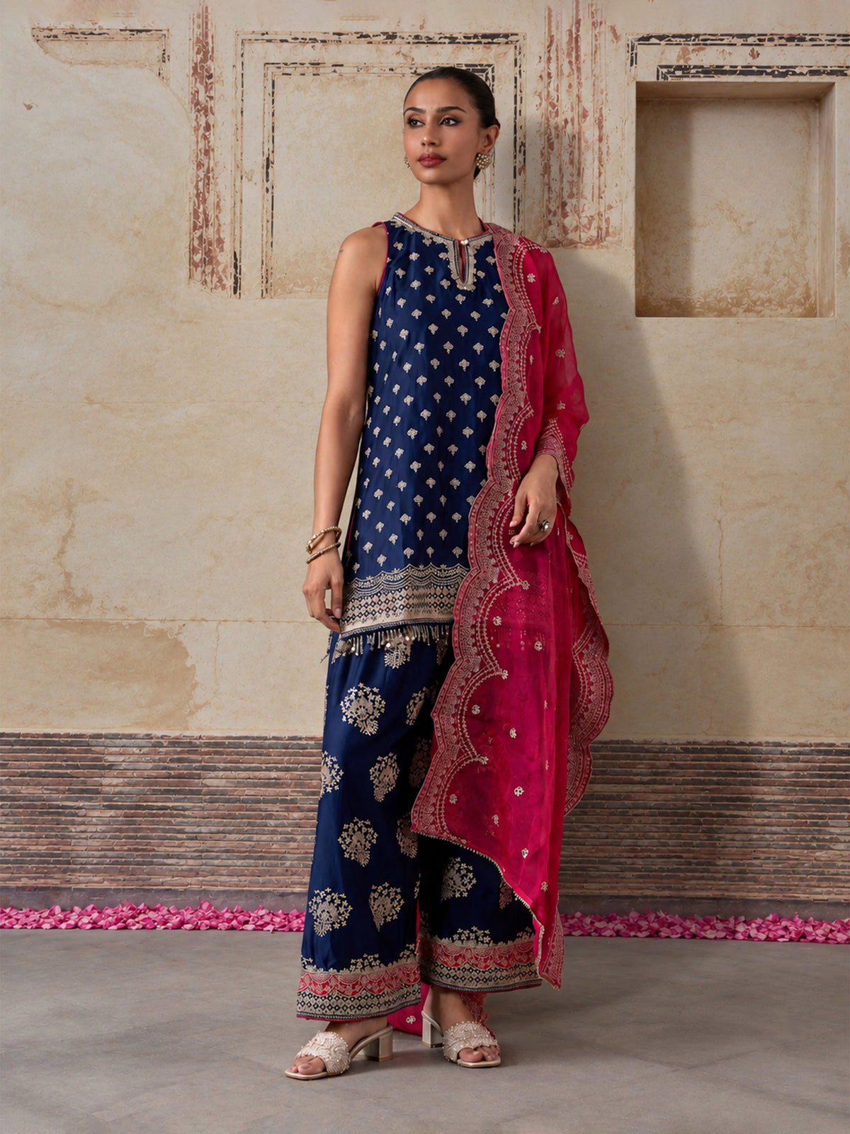 Sugandh Pima Satin Blue Kurta With Farshi Salwar