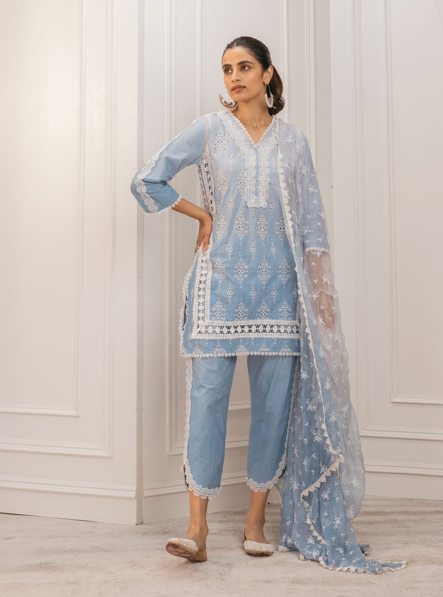 Mulmul Cotton Suria Blue Kurta With Suria Blue Pant