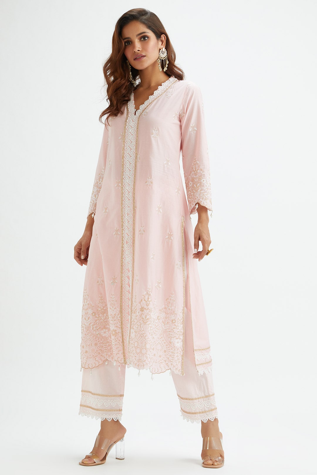 Mulmul Cotton Swan Pink Kurta With Swan Pink Pant