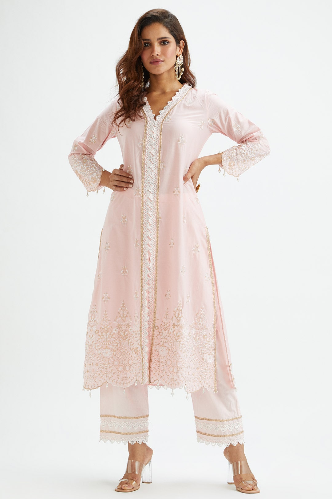 Mulmul Cotton Swan Pink Kurta With Swan Pink Pant