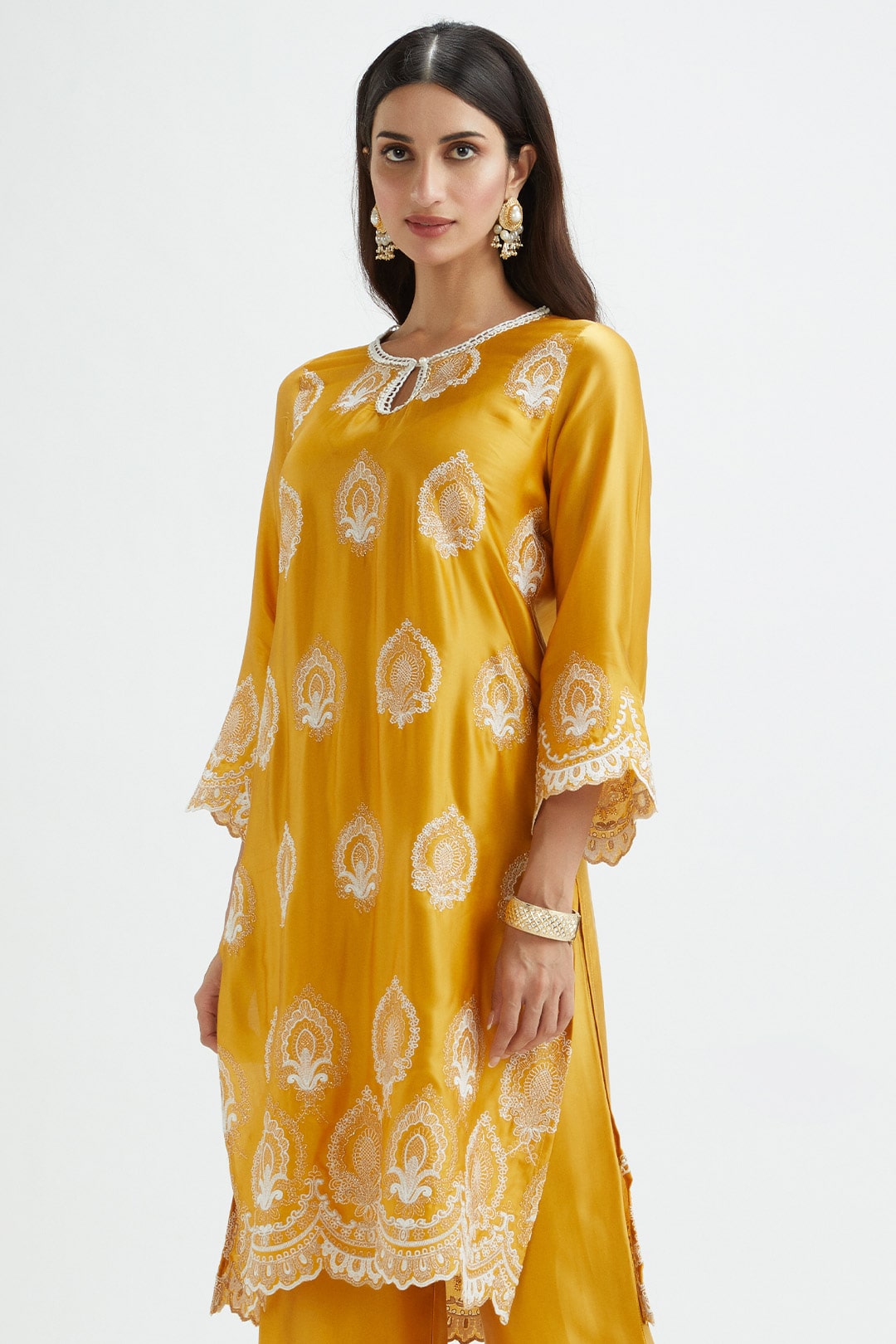 Mulmul Cupro Silk Sydney Mustard Kurta With Sydney Mustard Pant