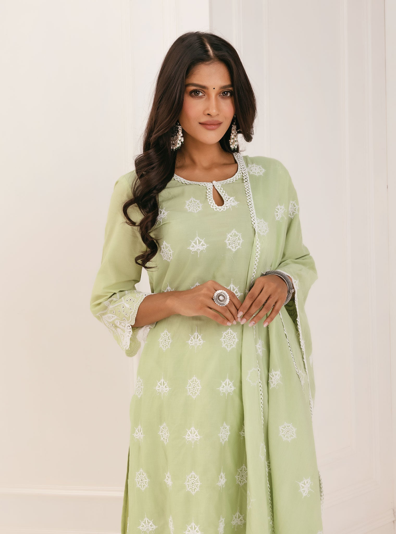 Mulmul Cotton Tia Green Kurta With Tia Green Palazzo