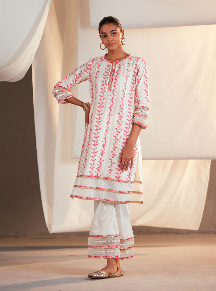 Mulmul Supima Cotton Tiana Off White/Pink Kurta
