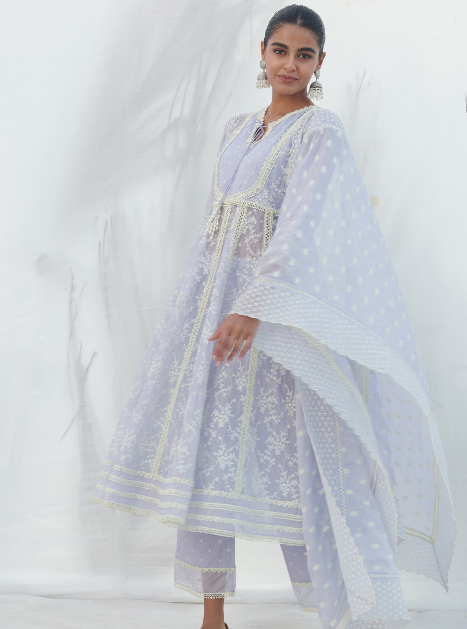 Mulmul Organza Anarkali Tisca Lilac Kurta With Mulmul Cotton Tisca Lilac Pant