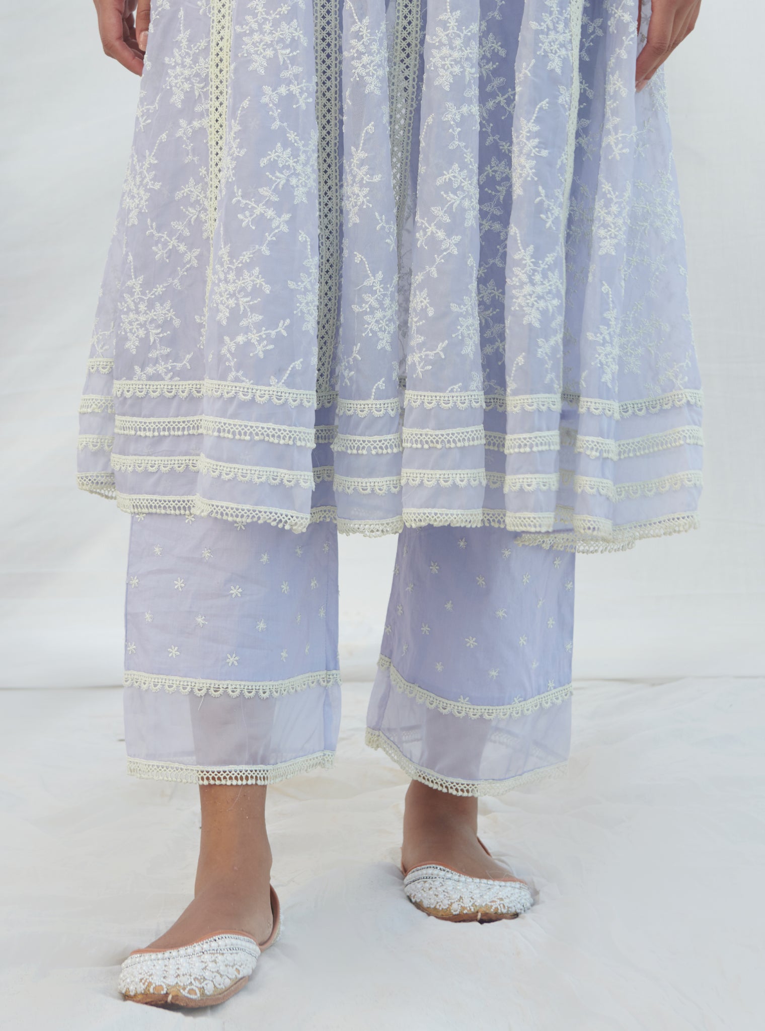 Mulmul Organza Anarkali Tisca Lilac Kurta With Mulmul Cotton Tisca Lilac Pant