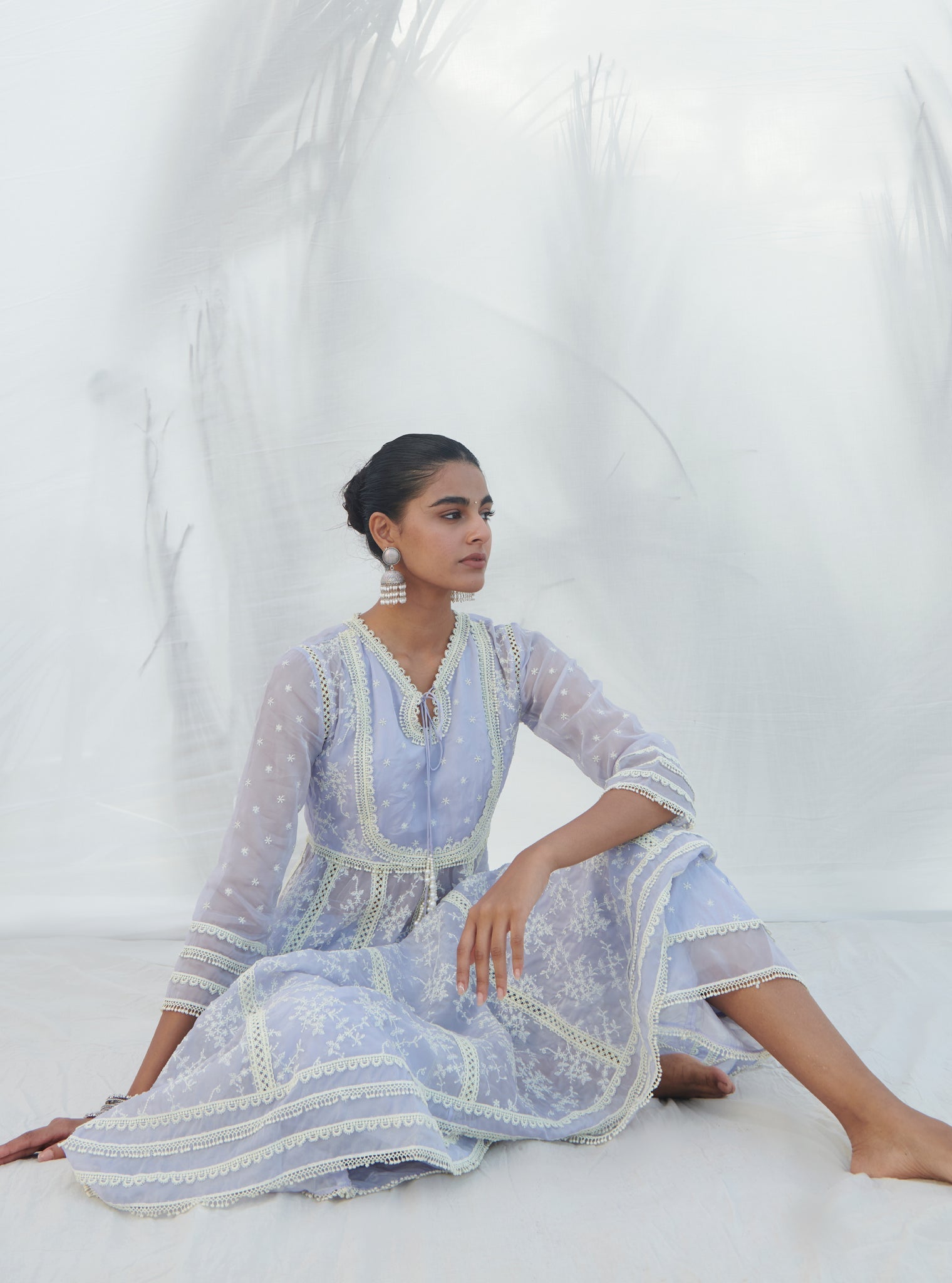 Mulmul Organza Anarkali Tisca Lilac Kurta With Mulmul Cotton Tisca Lilac Pant