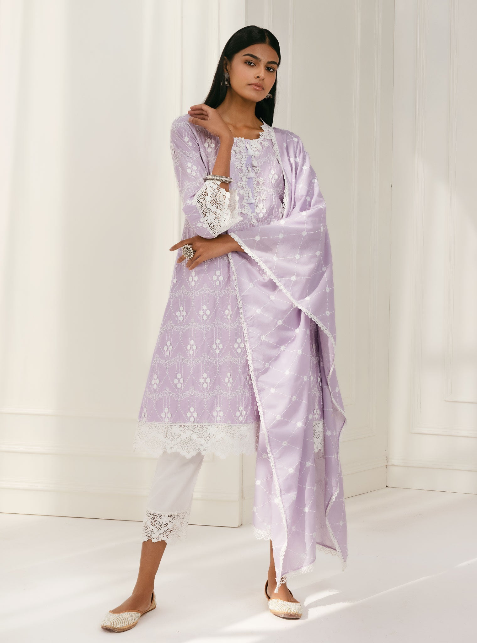 Mulmul Cotton Tirchy Lilac Kurta