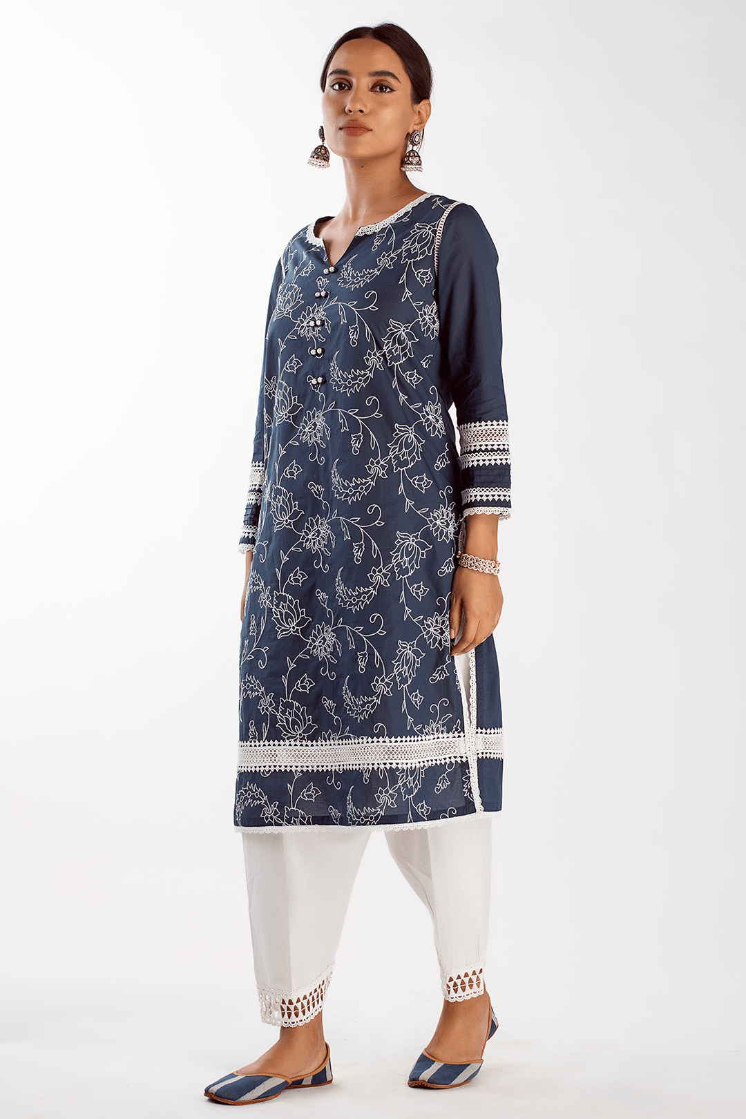 Mulmul Cotton Twilight Navy Kurta With Slim Salwar White