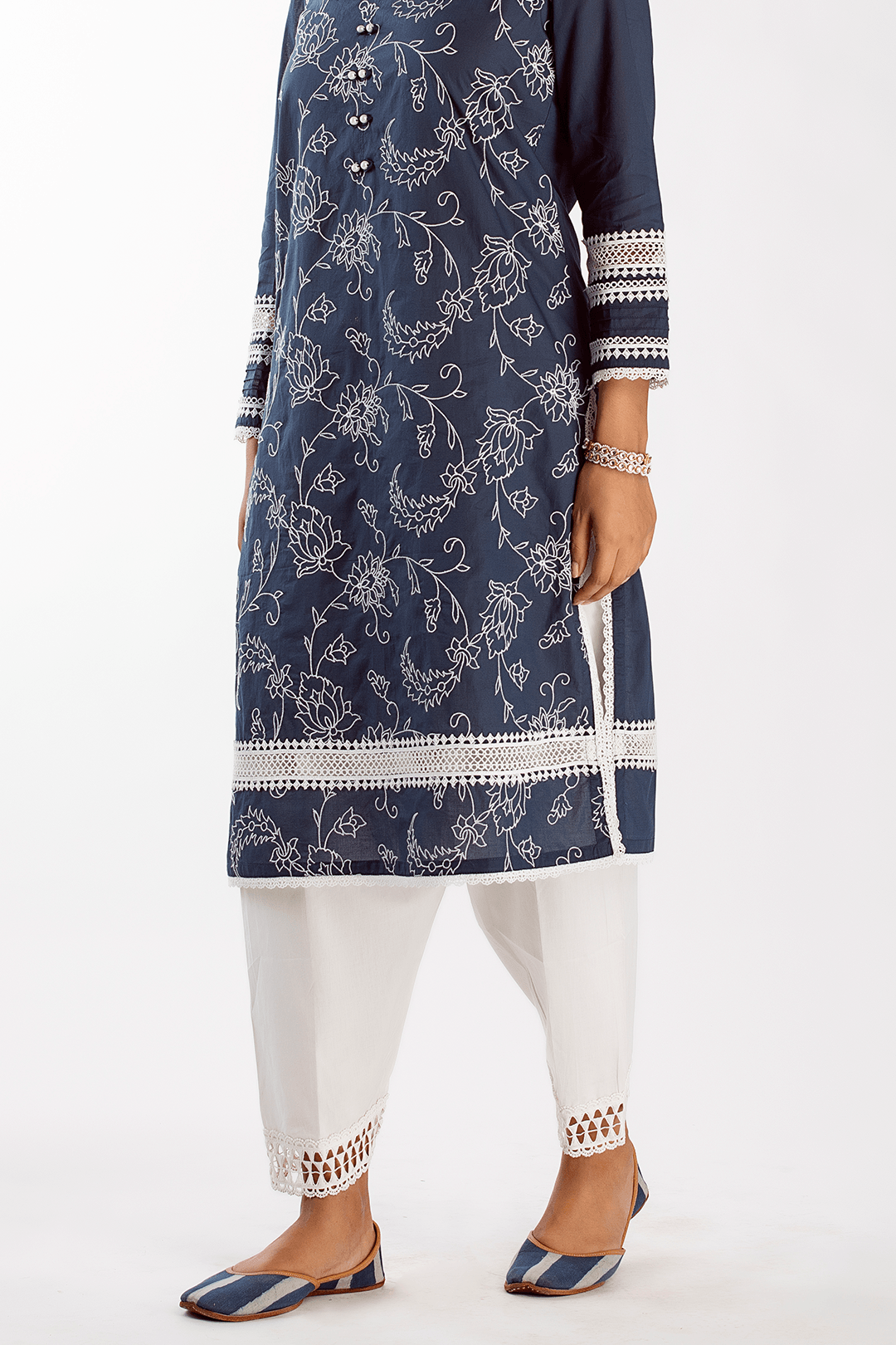 Mulmul Cotton Twilight Navy Kurta With Slim Salwar White