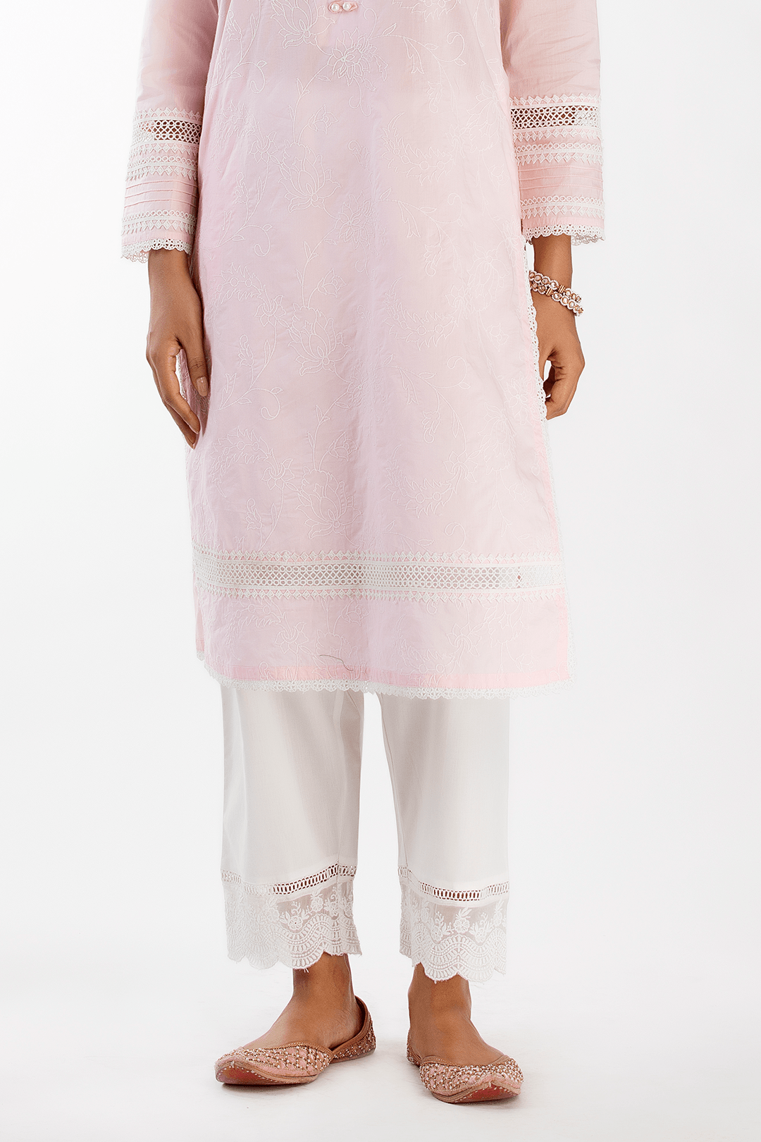 Mulmul Cotton Floral Organza Pyajama White