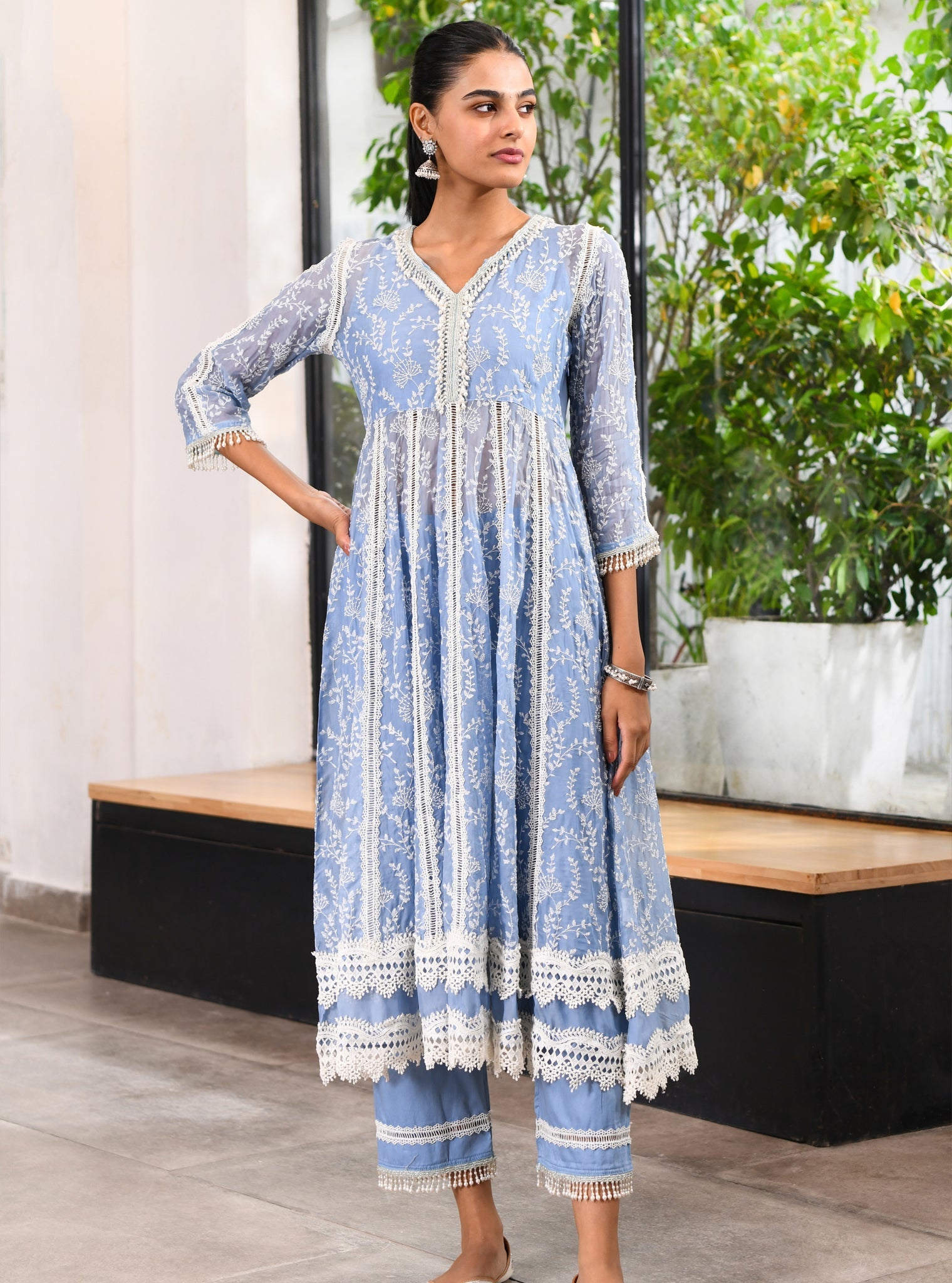 Mulmul Organza Twyla Blue Kurta With Mulmul Cotton Twyla Blue Pant