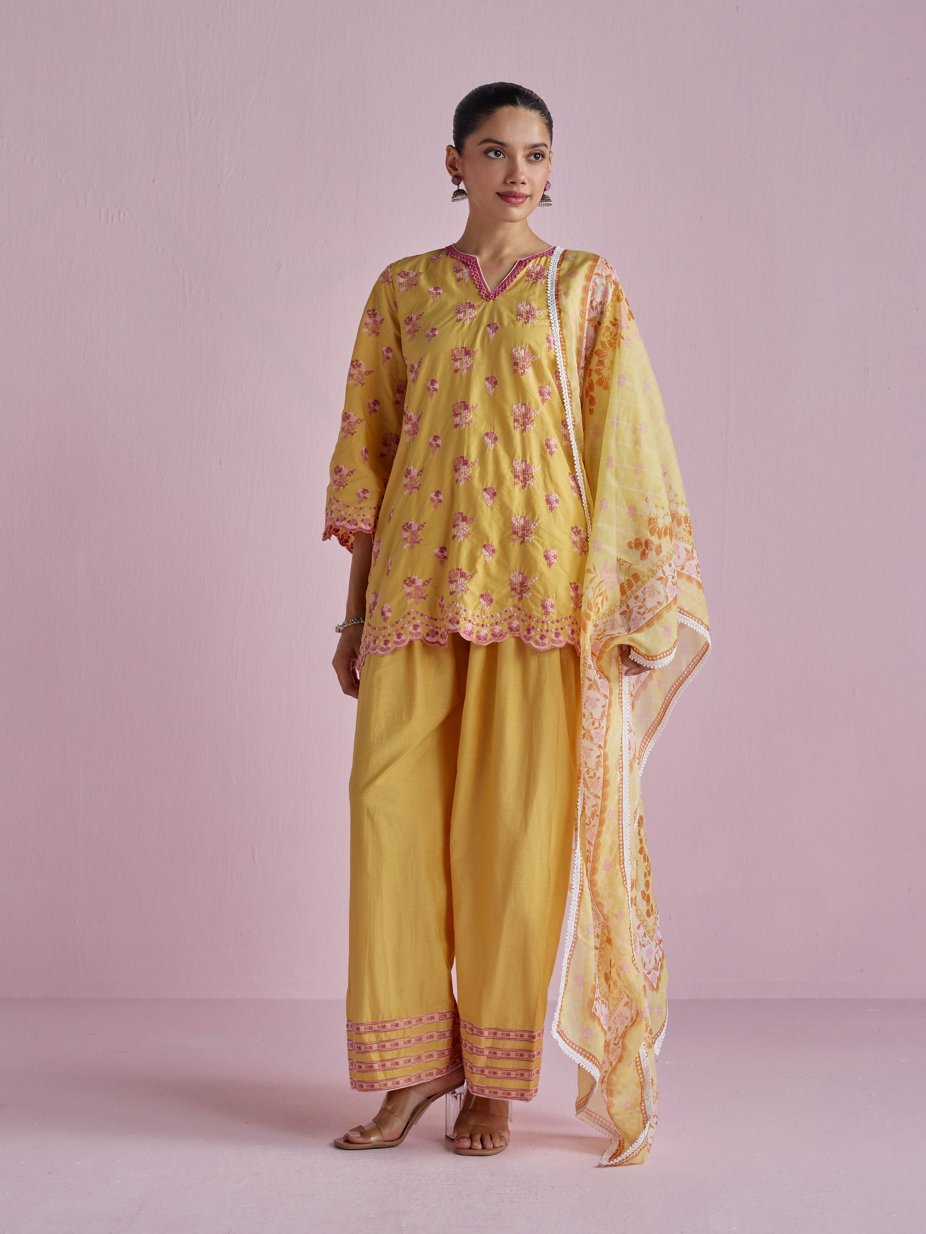 Aviya Supima Cotton Yellow Kurta With Farshi Salwar