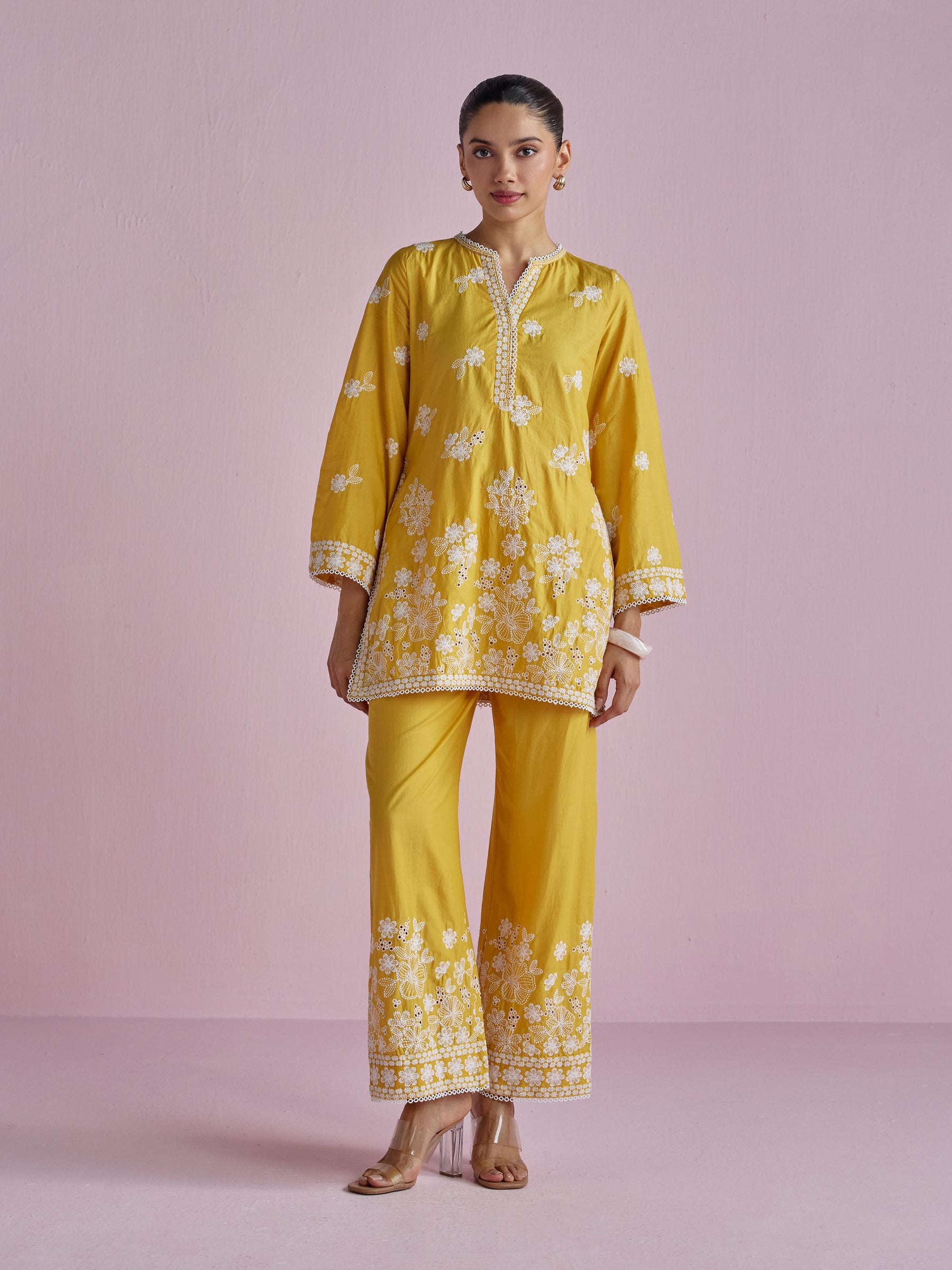 Kalani Supima Cotton Yellow With White Emb Co-ord Set