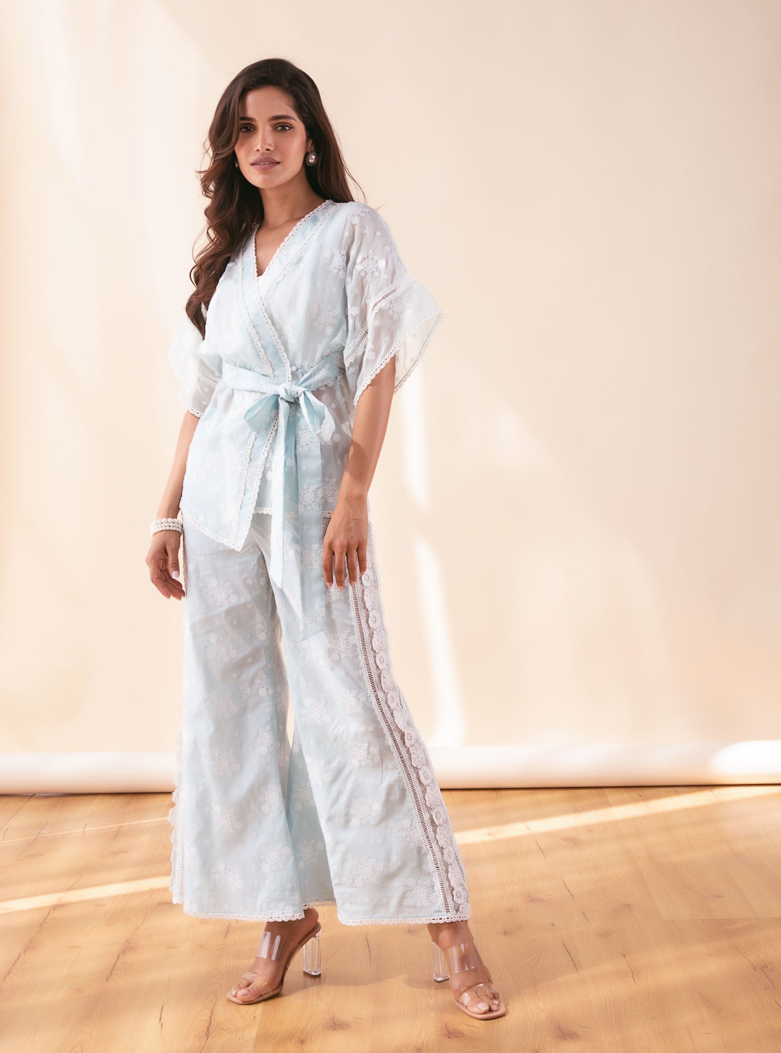 Mulmul Organza Mila Blue Kimono With Cotton Mila Blue Pant