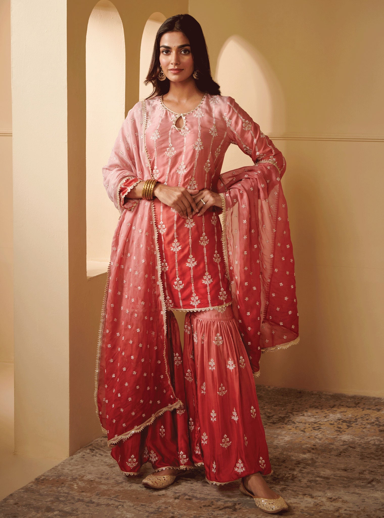 Mulmul Cupro Silk Nurvi Pink Kurta With Nurvi Pink Garara