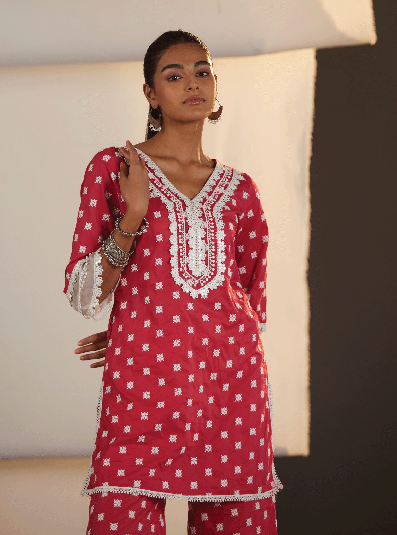 Mulmul Cotton Adaline Red Kurta With Adaline Red Garara