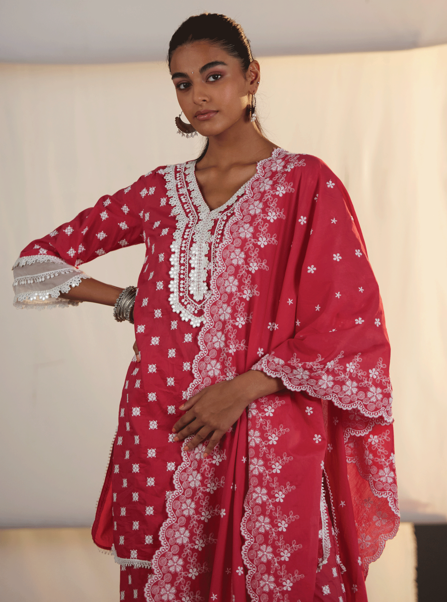 Mulmul Cotton Adaline Red Kurta With Adaline Red Garara