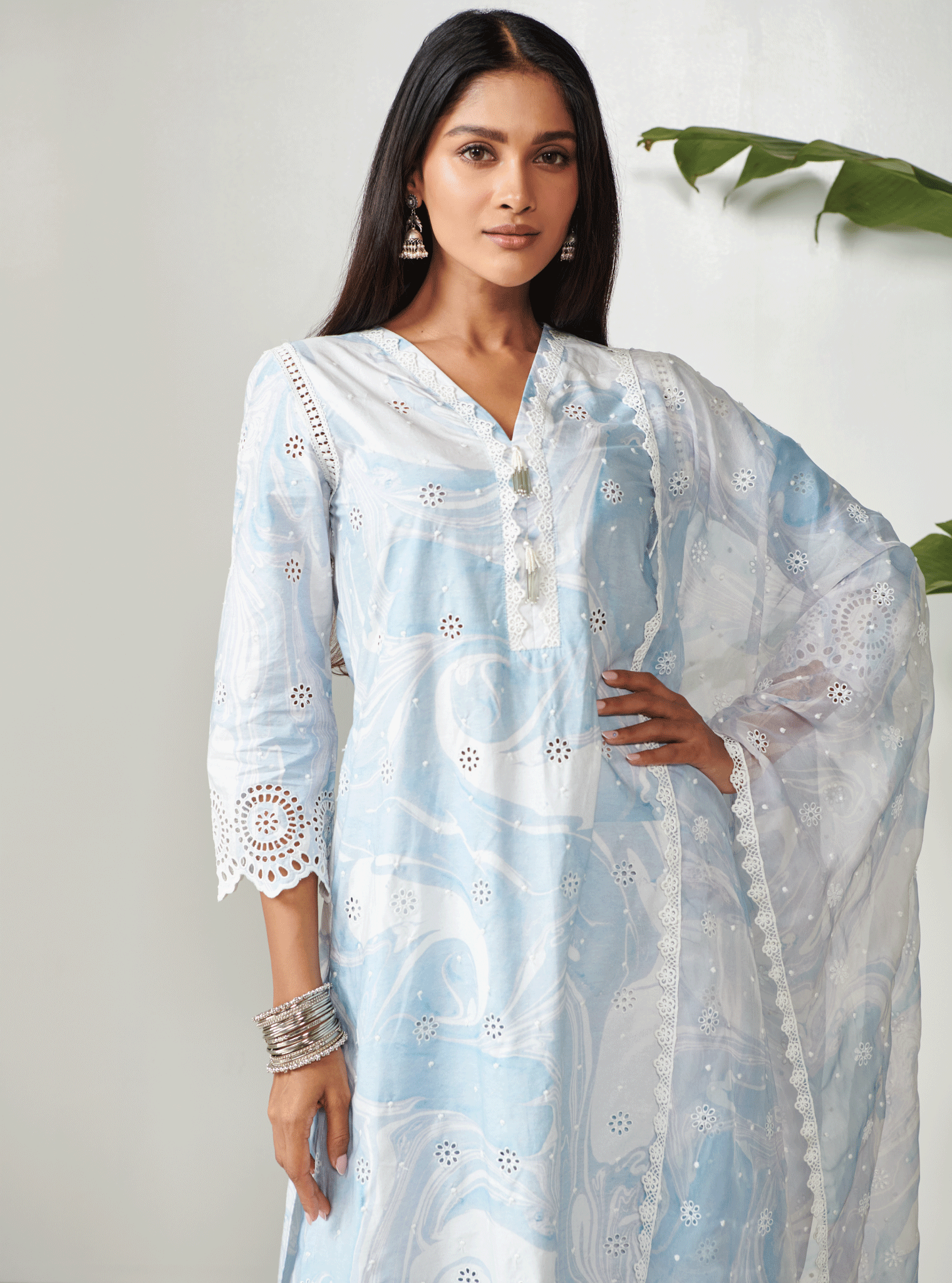 Mulmul Cotton Carrara Blue Kurta With Carrara Blue Pant